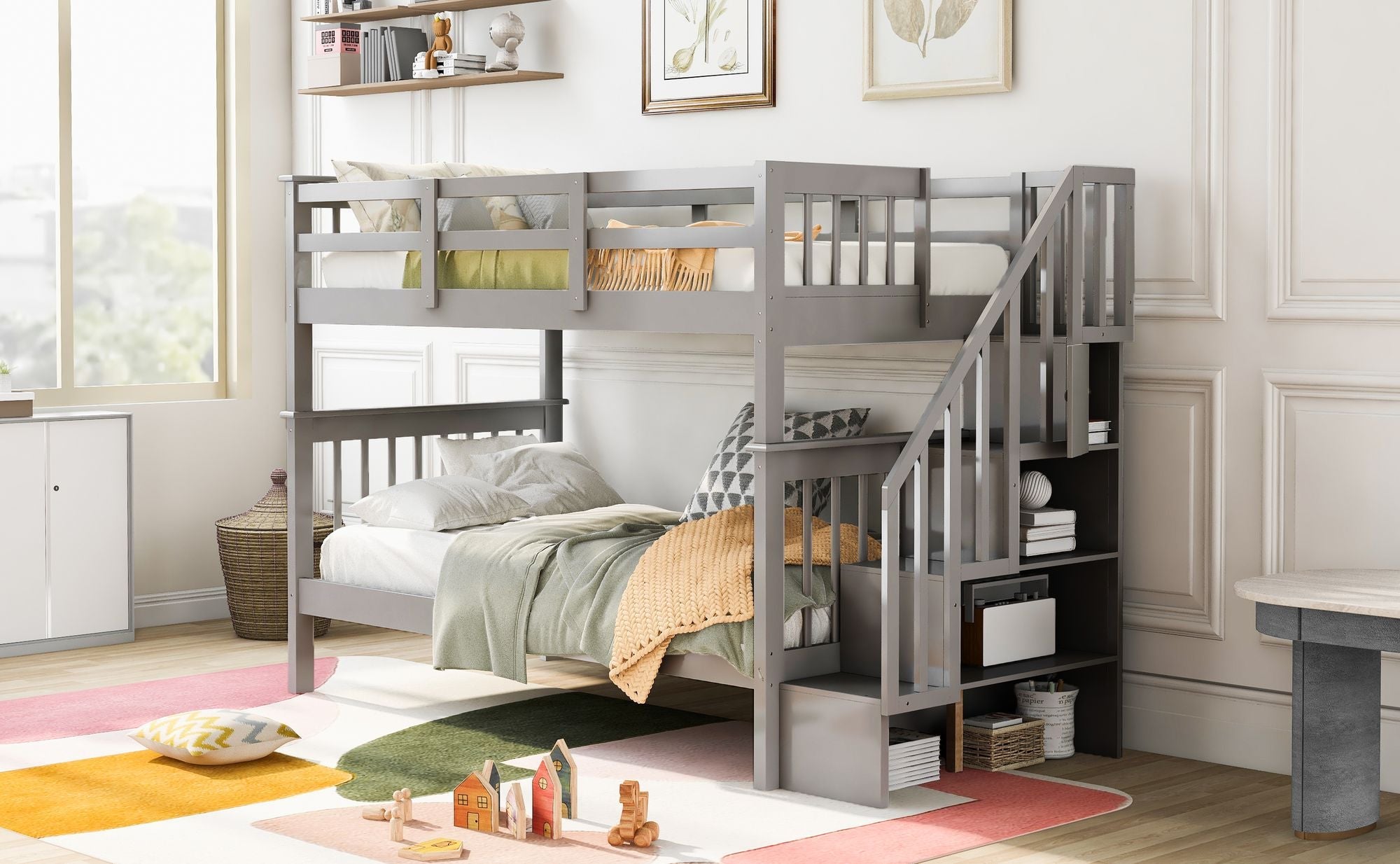 Stairway Twin - Over - Twin Bunk Bed with Storage and Guard Rail for Bedroom, Dorm - Comfortable Living Decor