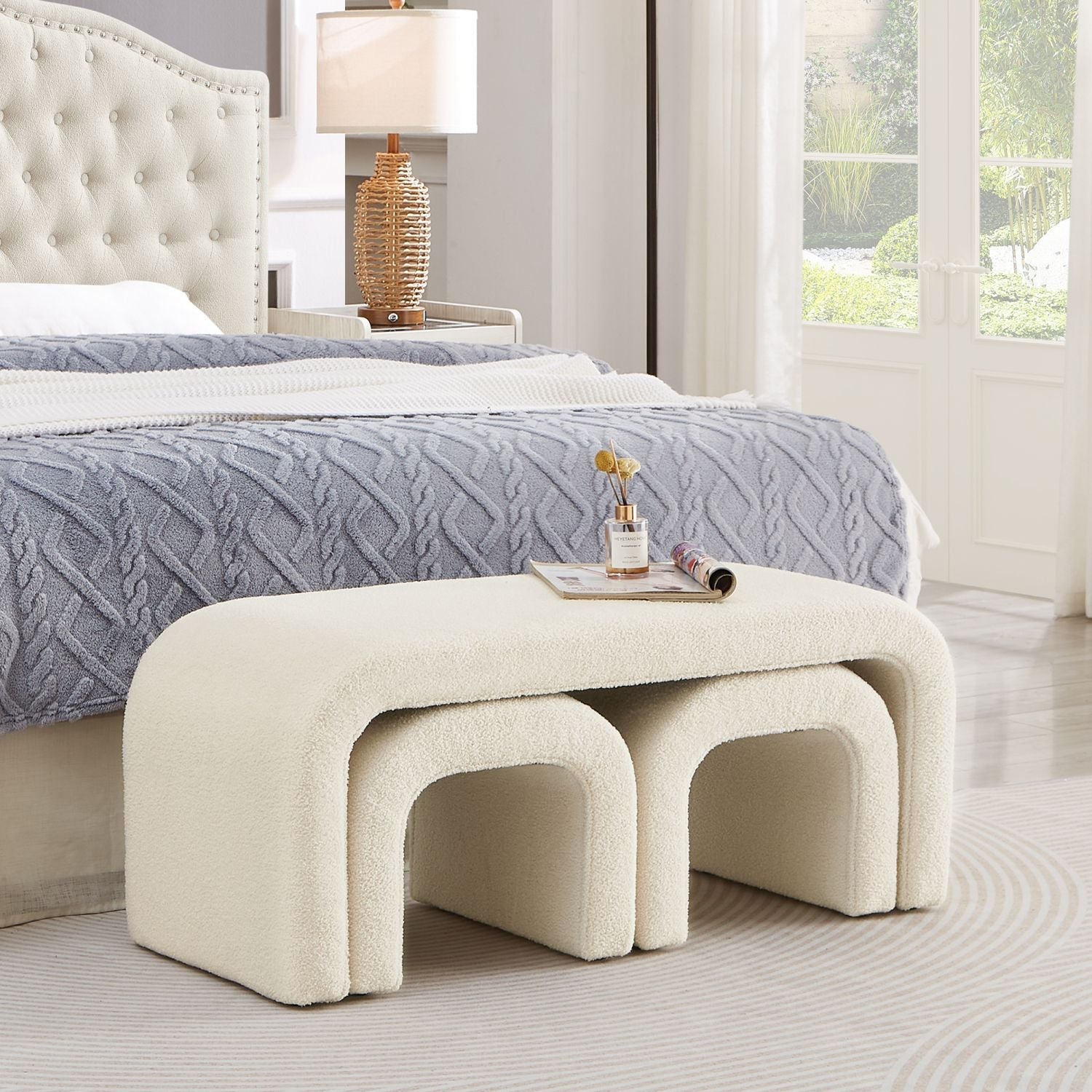 Stylish Cream U - Shaped Ottoman & Bench Set - Perfect for Entryways and Bedroom Footrests - Comfortable Living Decor