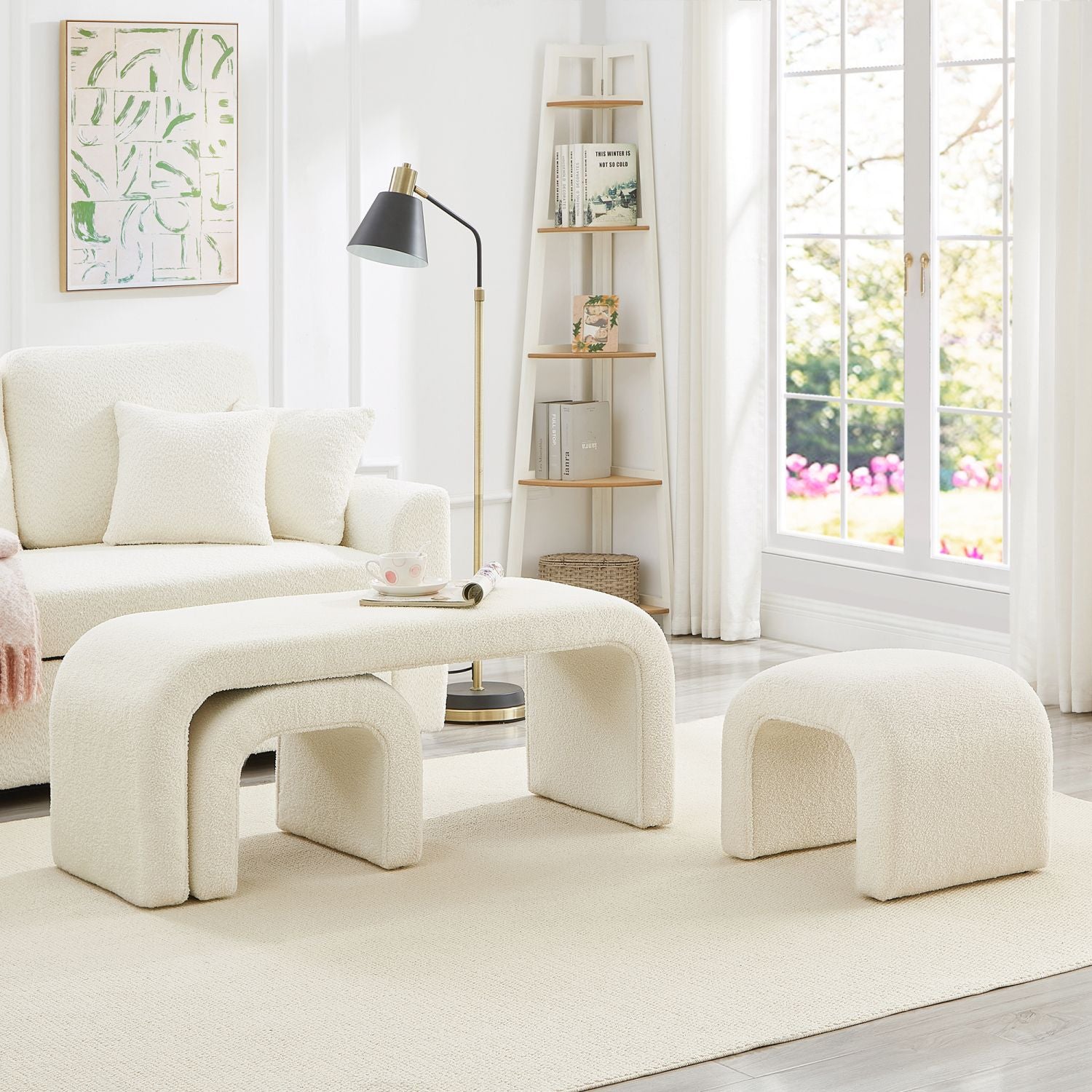 Stylish Cream U - Shaped Ottoman & Bench Set - Perfect for Entryways and Bedroom Footrests - Comfortable Living Decor