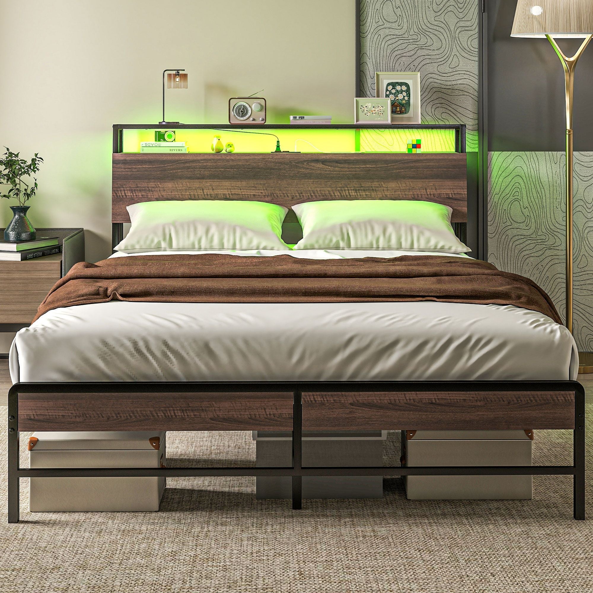 Stylish Queen Size Bed Frame w/ LED Lights by Homcom - Comfortable Living Decor