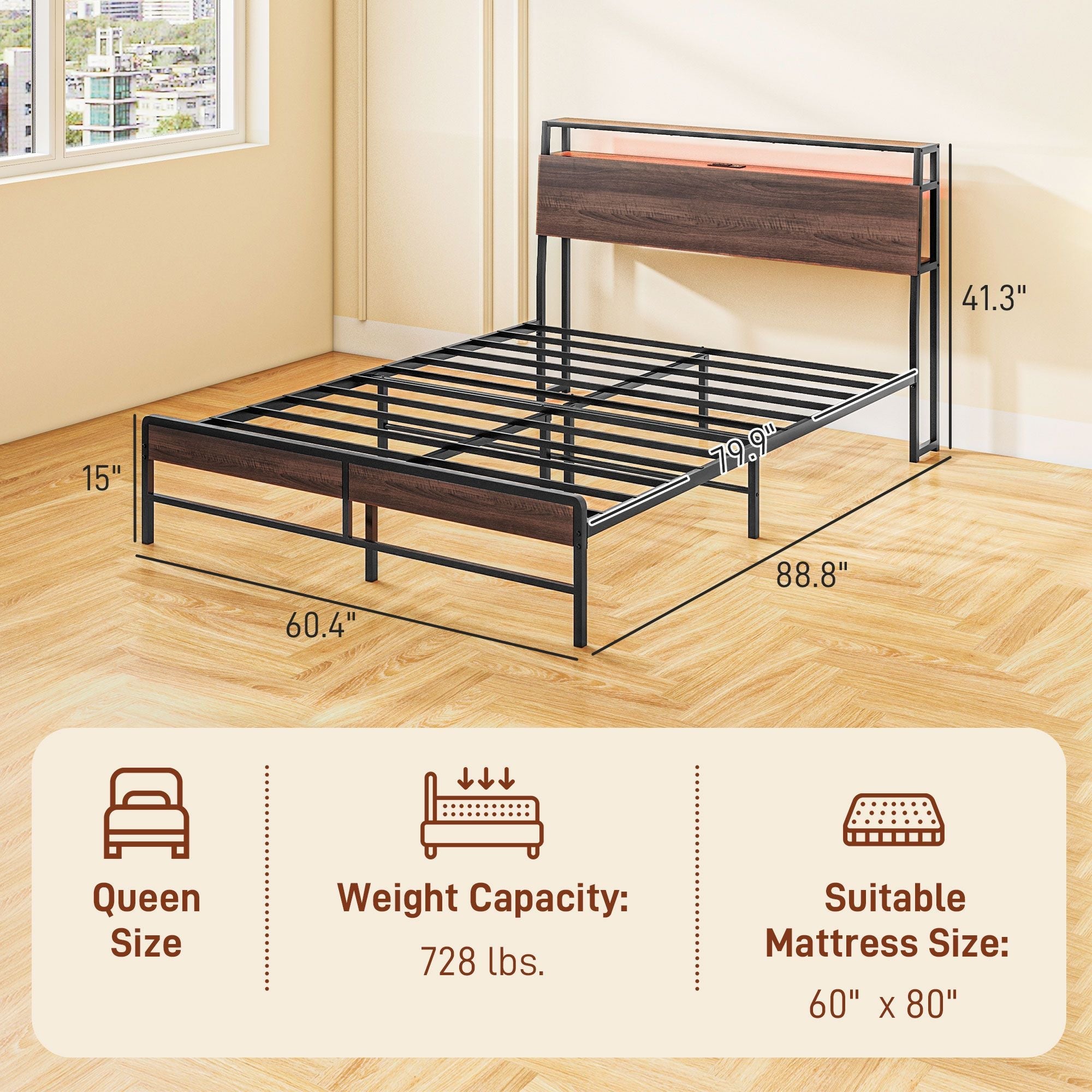 Stylish Queen Size Bed Frame w/ LED Lights by Homcom - Comfortable Living Decor