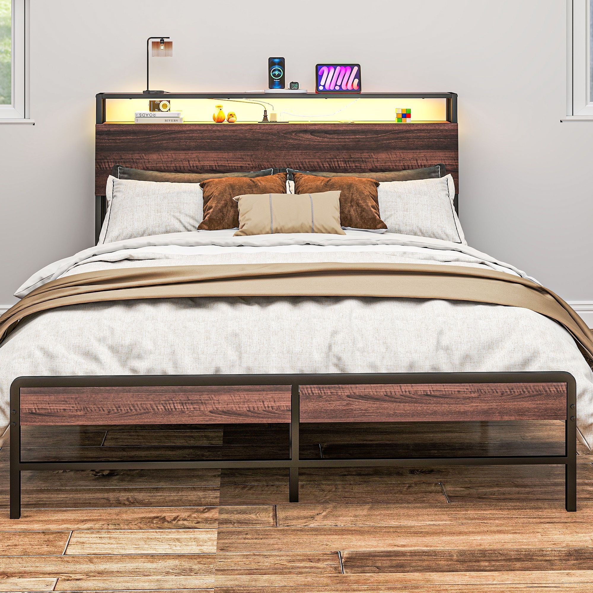 Stylish Queen Size Bed Frame w/ LED Lights by Homcom - Comfortable Living Decor