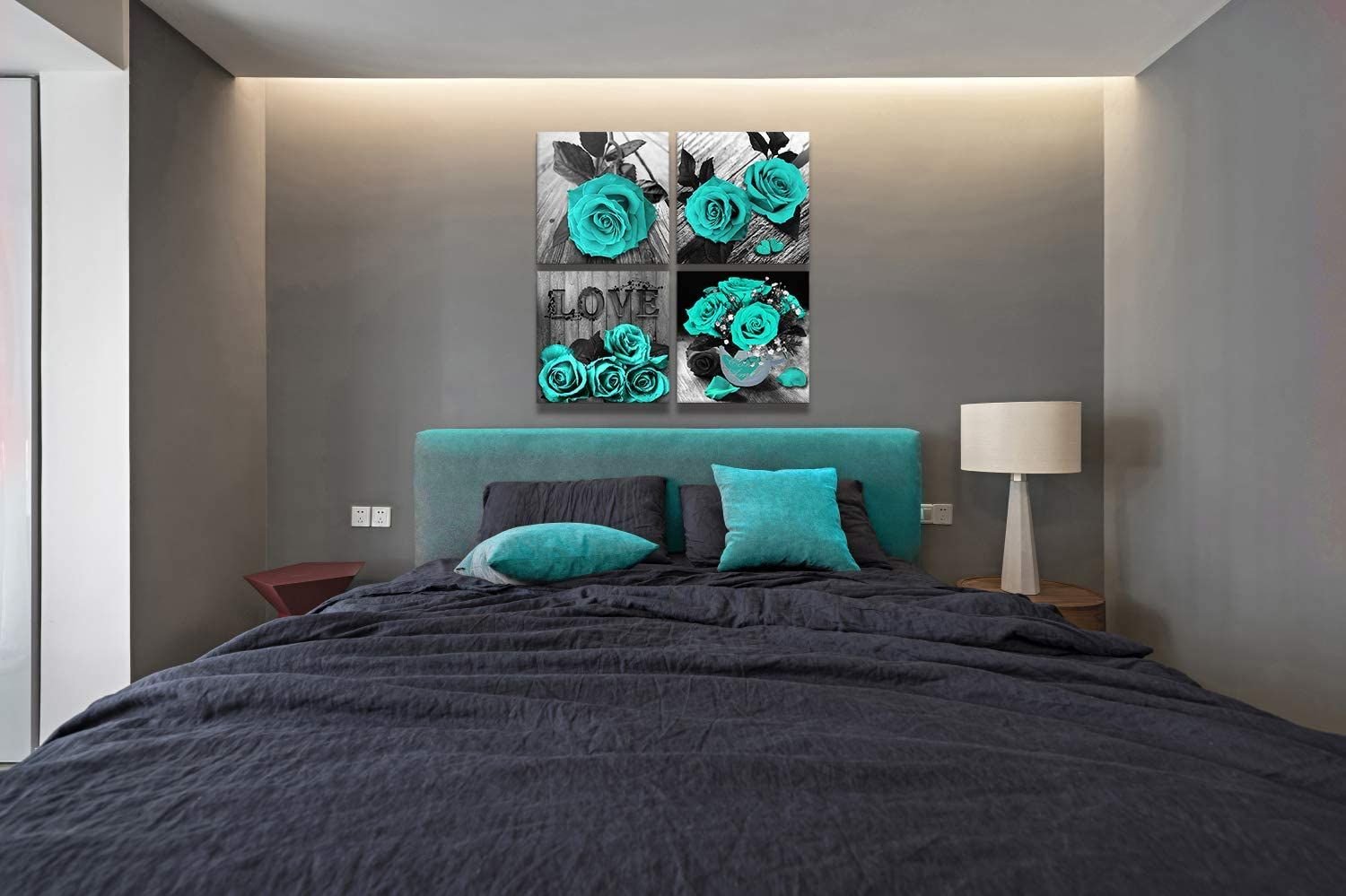 Teal Rose Flowers Canvas Prints Black and White Wall Art Turquoise Floral Pictures for Home Bedroom Bathroom Decoration - Comfortable Living Decor