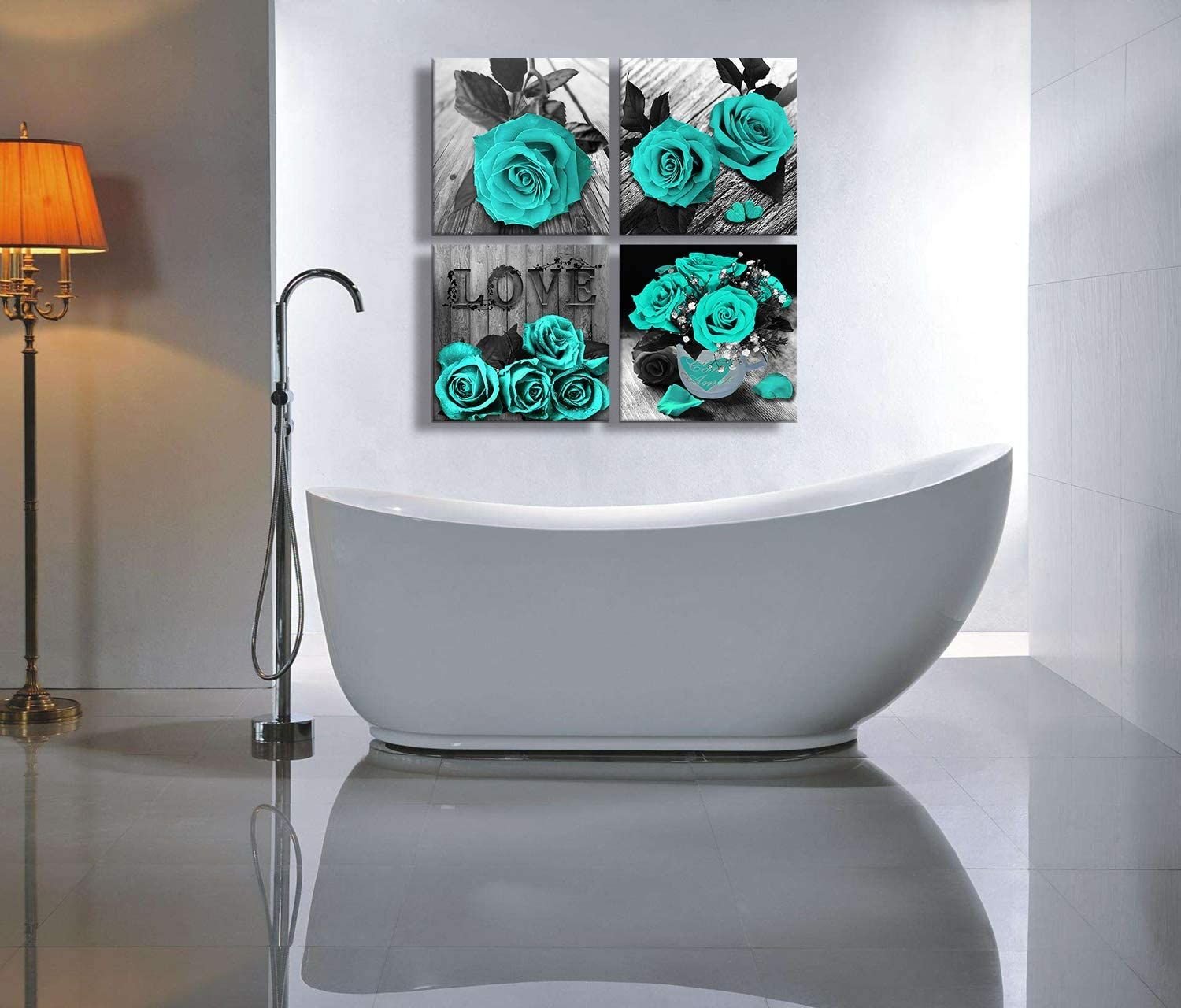 Teal Rose Flowers Canvas Prints Black and White Wall Art Turquoise Floral Pictures for Home Bedroom Bathroom Decoration - Comfortable Living Decor