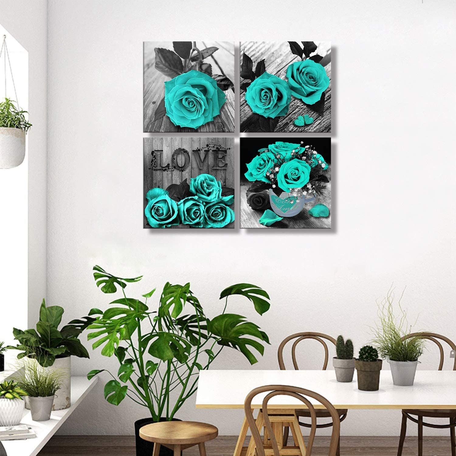 Teal Rose Flowers Canvas Prints Black and White Wall Art Turquoise Floral Pictures for Home Bedroom Bathroom Decoration - Comfortable Living Decor