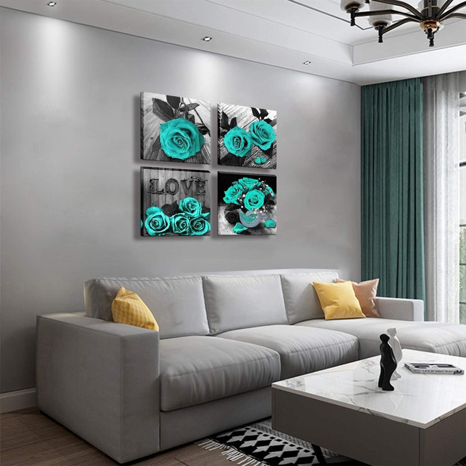 Teal Rose Flowers Canvas Prints Black and White Wall Art Turquoise Floral Pictures for Home Bedroom Bathroom Decoration - Comfortable Living Decor
