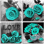 Teal Rose Flowers Canvas Prints Black and White Wall Art Turquoise Floral Pictures for Home Bedroom Bathroom Decoration - Comfortable Living Decor