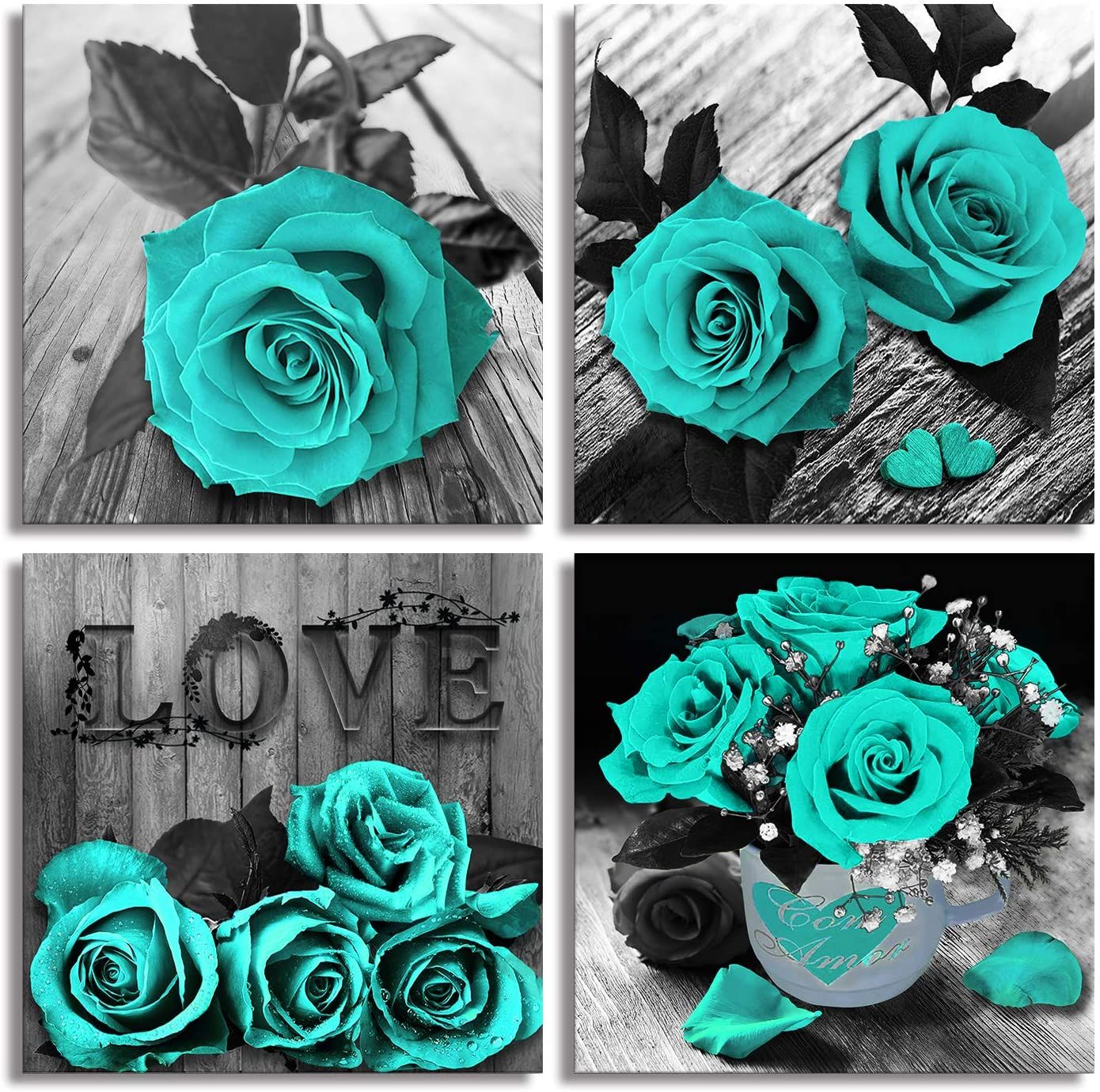 Teal Rose Flowers Canvas Prints Black and White Wall Art Turquoise Floral Pictures for Home Bedroom Bathroom Decoration - Comfortable Living Decor