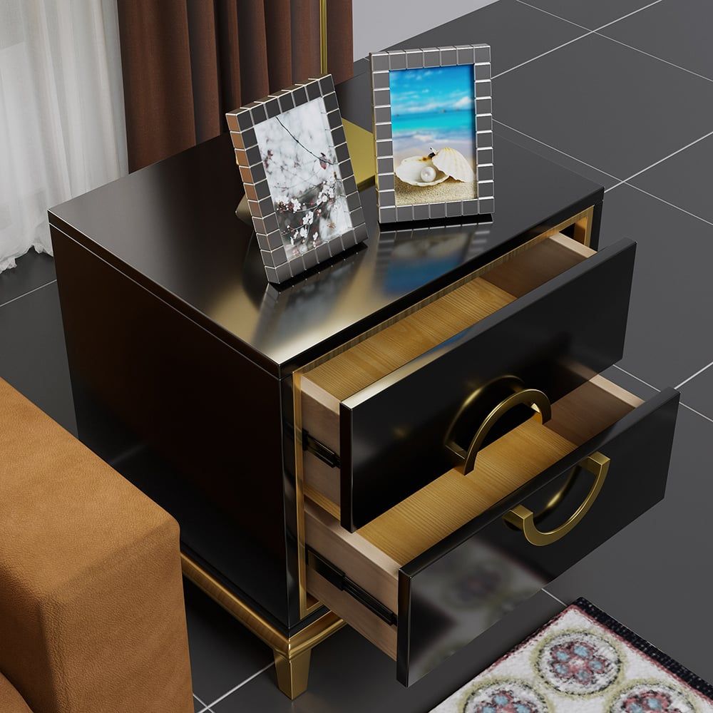 Tile Black Moderna Nightstand w/ Gold Finish by Rema Home - Comfortable Living Decor