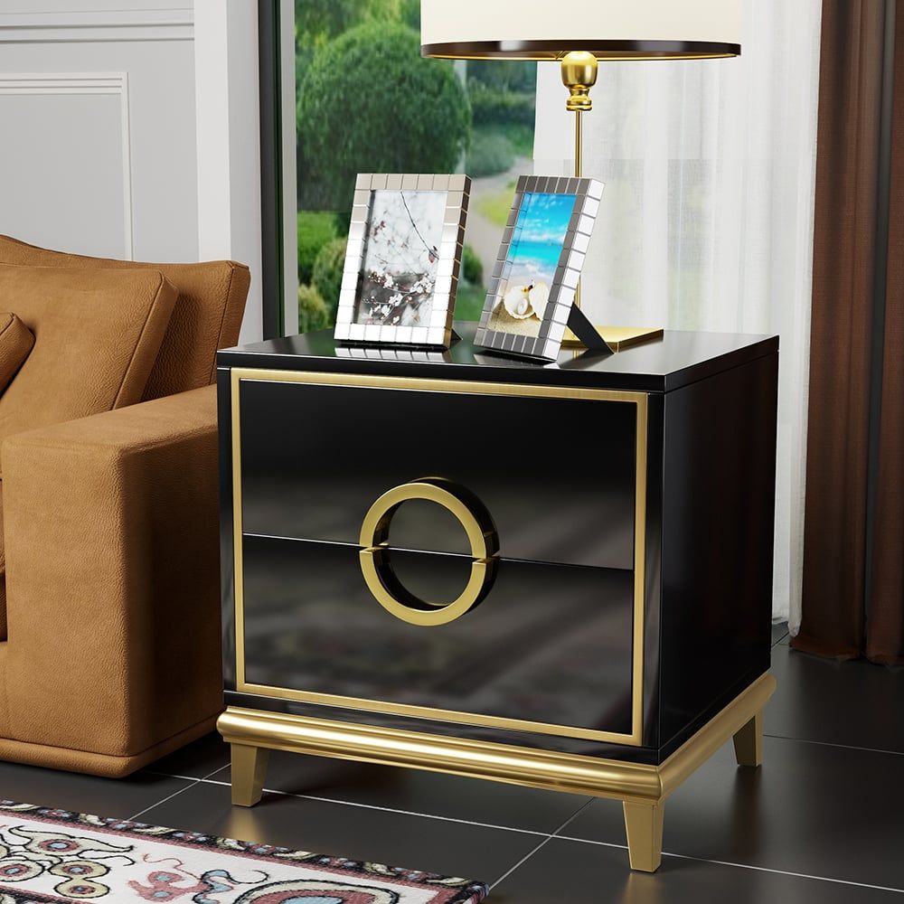 Tile Black Moderna Nightstand w/ Gold Finish by Rema Home - Comfortable Living Decor