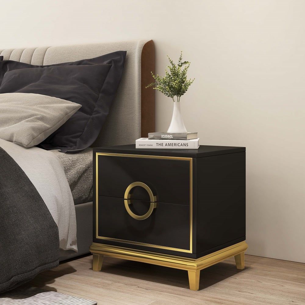 Tile Black Moderna Nightstand w/ Gold Finish by Rema Home - Comfortable Living Decor