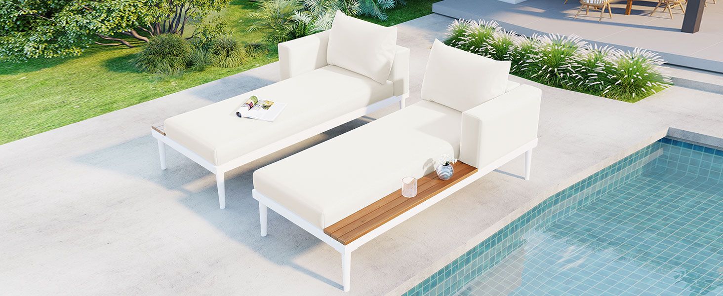 TOPMAX Modern Outdoor Daybed Patio Metal Daybed with Wood Topped Side Spaces for Drinks, 2 in 1 Padded Chaise Lounges for Poolside, Balcony, Deck, Beige - Comfortable Living Decor
