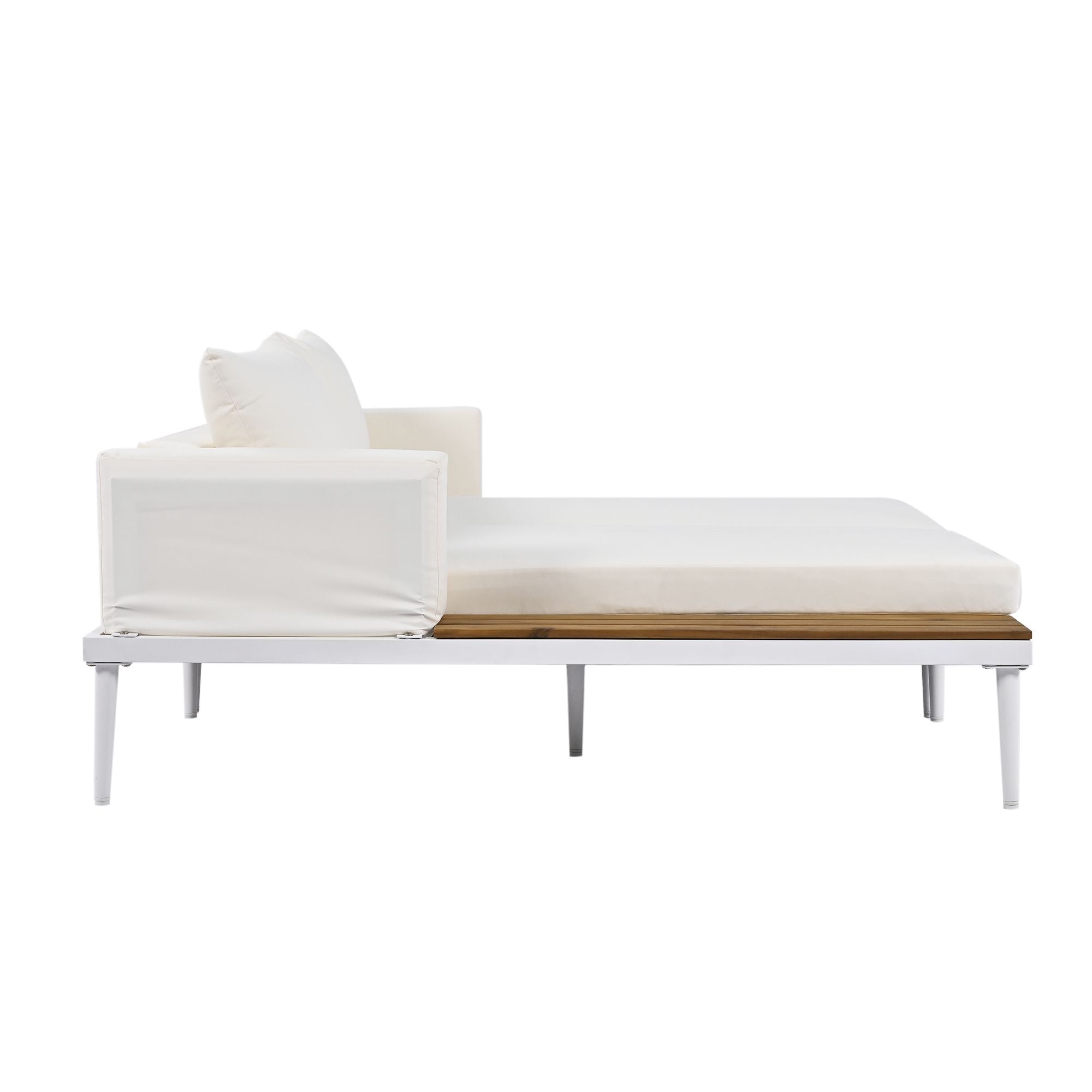 TOPMAX Modern Outdoor Daybed Patio Metal Daybed with Wood Topped Side Spaces for Drinks, 2 in 1 Padded Chaise Lounges for Poolside, Balcony, Deck, Beige - Comfortable Living Decor