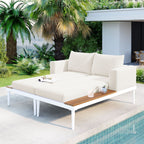 TOPMAX Modern Outdoor Daybed Patio Metal Daybed with Wood Topped Side Spaces for Drinks, 2 in 1 Padded Chaise Lounges for Poolside, Balcony, Deck, Beige - Comfortable Living Decor