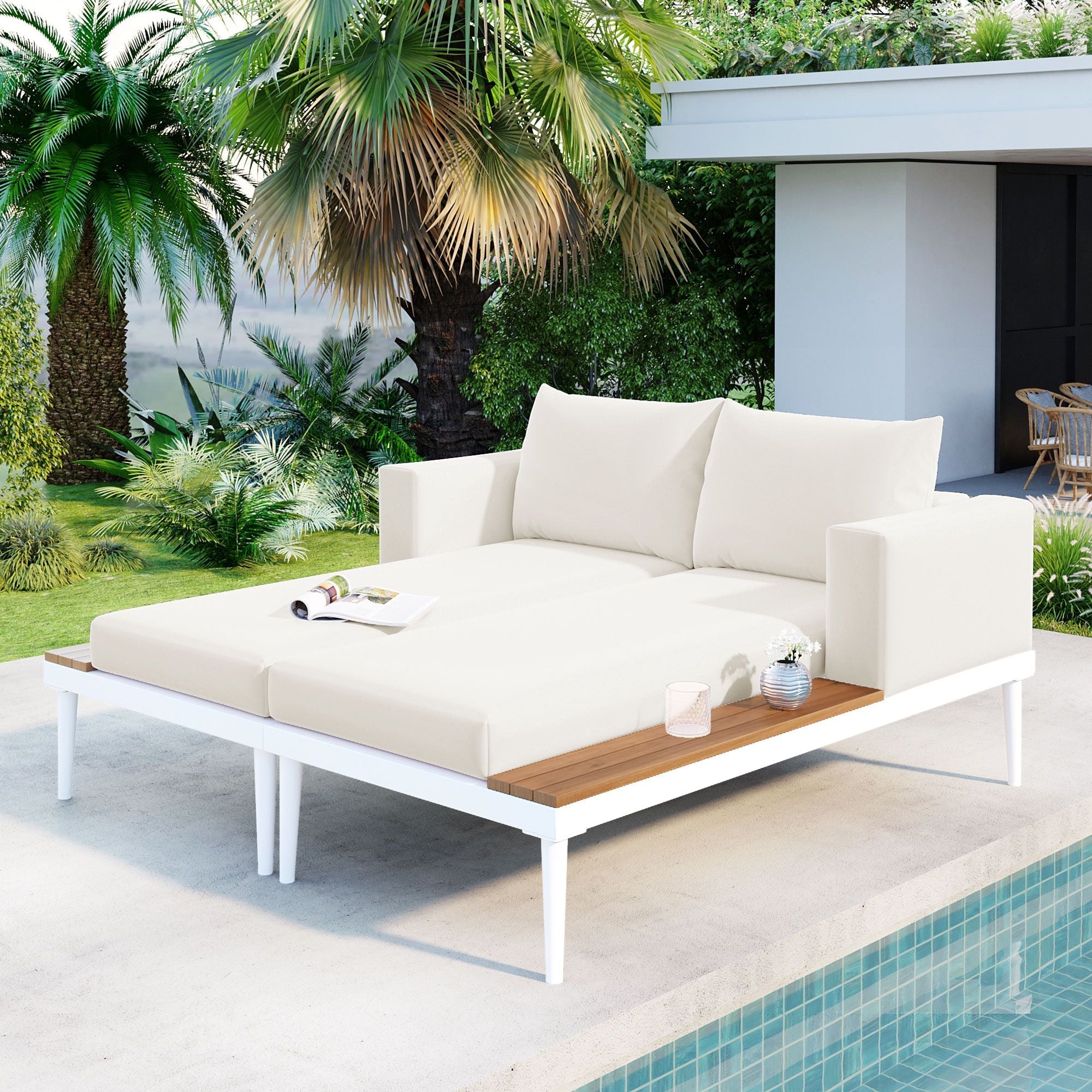 TOPMAX Modern Outdoor Daybed Patio Metal Daybed with Wood Topped Side Spaces for Drinks, 2 in 1 Padded Chaise Lounges for Poolside, Balcony, Deck, Beige - Comfortable Living Decor