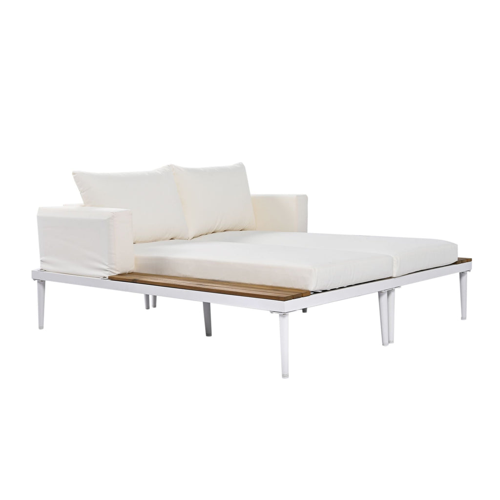 TOPMAX Modern Outdoor Daybed Patio Metal Daybed with Wood Topped Side Spaces for Drinks, 2 in 1 Padded Chaise Lounges for Poolside, Balcony, Deck, Beige - Comfortable Living Decor