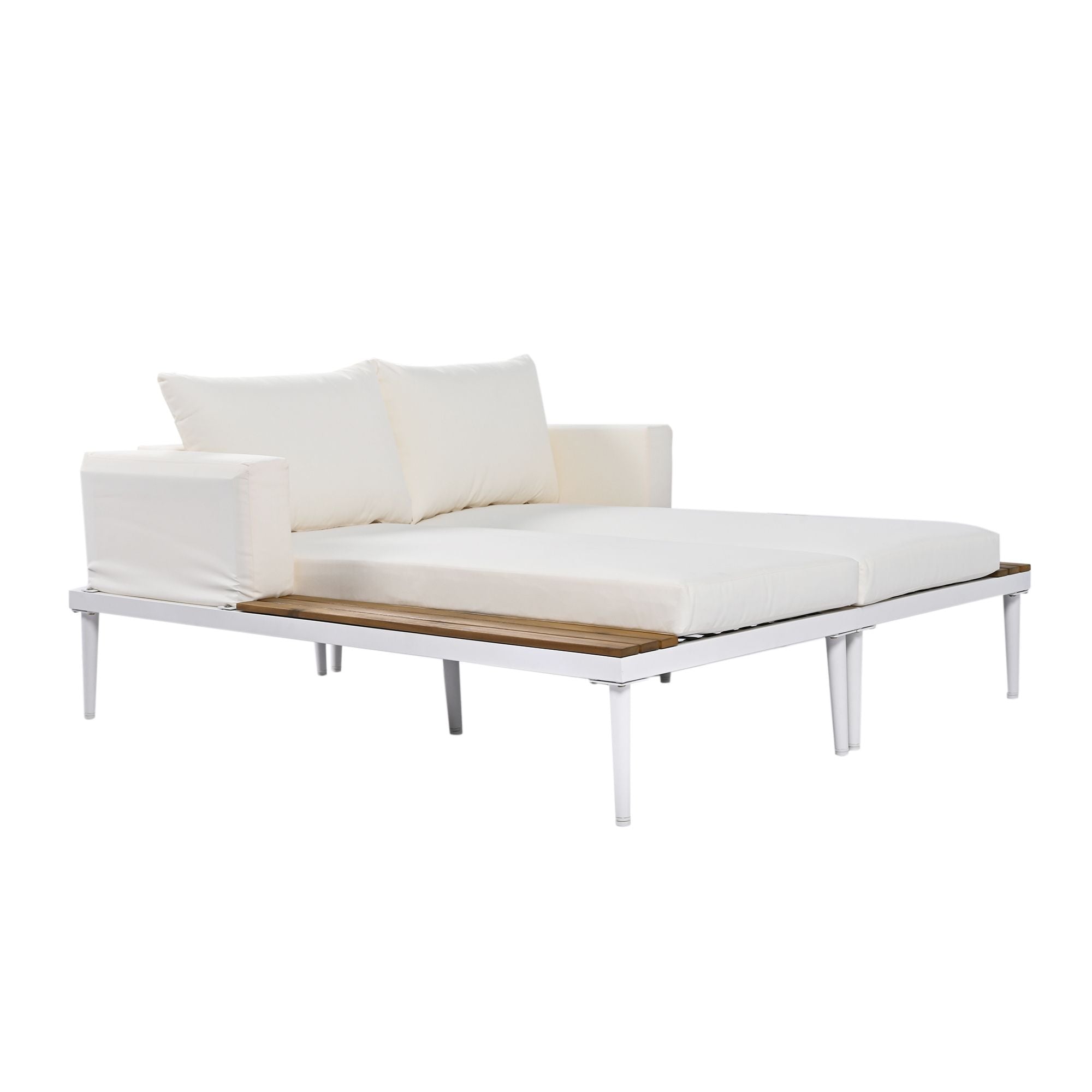 TOPMAX Modern Outdoor Daybed Patio Metal Daybed with Wood Topped Side Spaces for Drinks, 2 in 1 Padded Chaise Lounges for Poolside, Balcony, Deck, Beige - Comfortable Living Decor