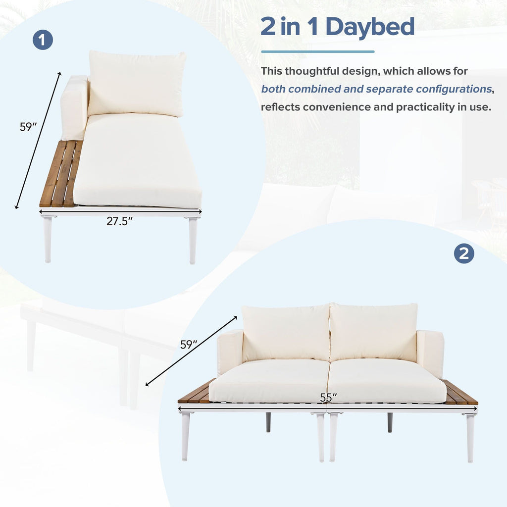 TOPMAX Modern Outdoor Daybed Patio Metal Daybed with Wood Topped Side Spaces for Drinks, 2 in 1 Padded Chaise Lounges for Poolside, Balcony, Deck, Beige - Comfortable Living Decor