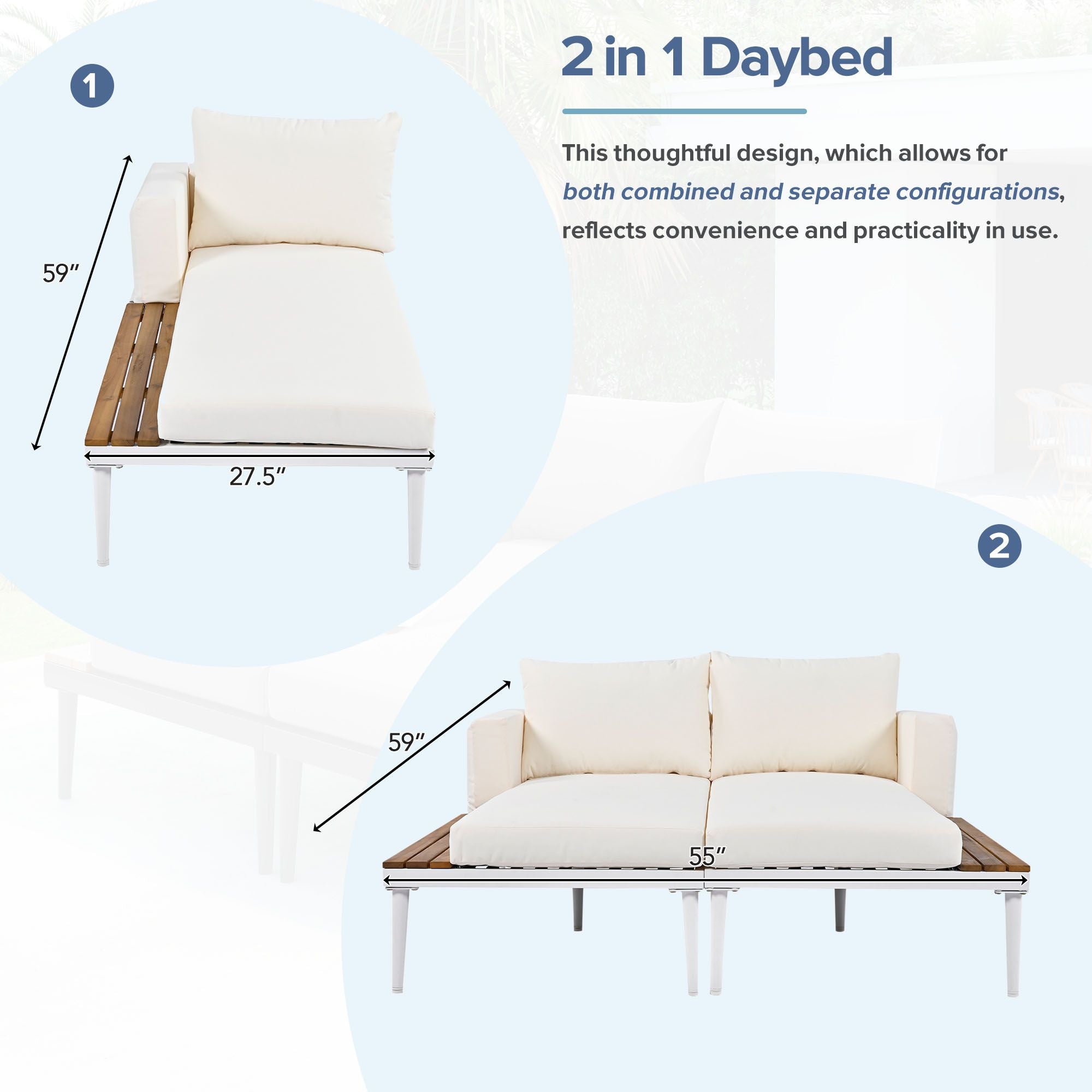 TOPMAX Modern Outdoor Daybed Patio Metal Daybed with Wood Topped Side Spaces for Drinks, 2 in 1 Padded Chaise Lounges for Poolside, Balcony, Deck, Beige - Comfortable Living Decor