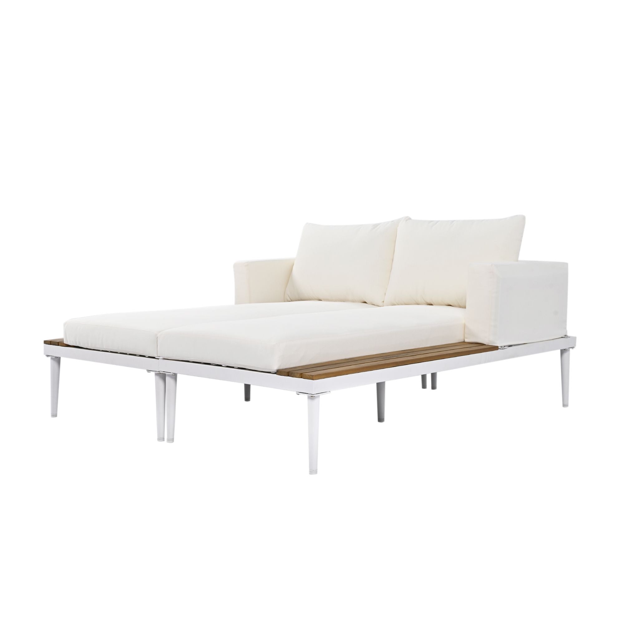 TOPMAX Modern Outdoor Daybed Patio Metal Daybed with Wood Topped Side Spaces for Drinks, 2 in 1 Padded Chaise Lounges for Poolside, Balcony, Deck, Beige - Comfortable Living Decor