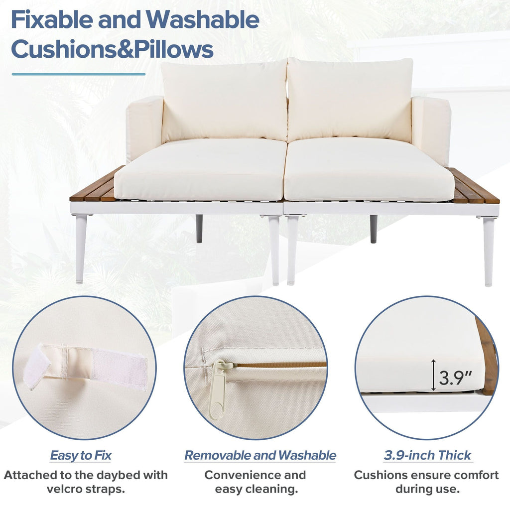 TOPMAX Modern Outdoor Daybed Patio Metal Daybed with Wood Topped Side Spaces for Drinks, 2 in 1 Padded Chaise Lounges for Poolside, Balcony, Deck, Beige - Comfortable Living Decor