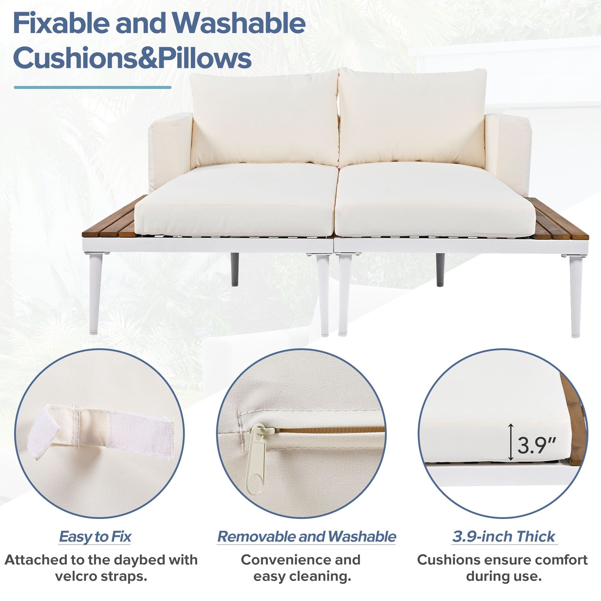 TOPMAX Modern Outdoor Daybed Patio Metal Daybed with Wood Topped Side Spaces for Drinks, 2 in 1 Padded Chaise Lounges for Poolside, Balcony, Deck, Beige - Comfortable Living Decor