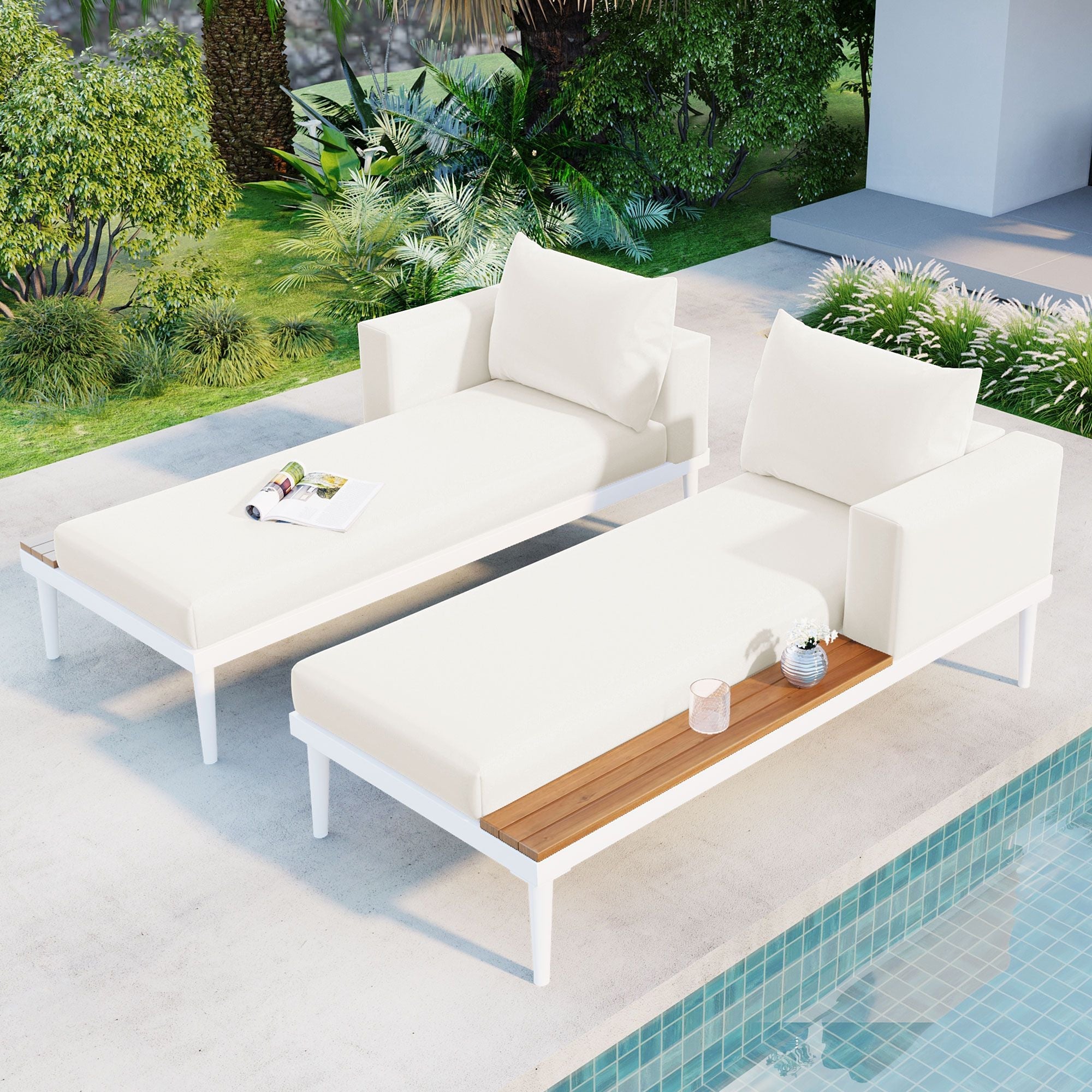 TOPMAX Modern Outdoor Daybed Patio Metal Daybed with Wood Topped Side Spaces for Drinks, 2 in 1 Padded Chaise Lounges for Poolside, Balcony, Deck, Beige - Comfortable Living Decor