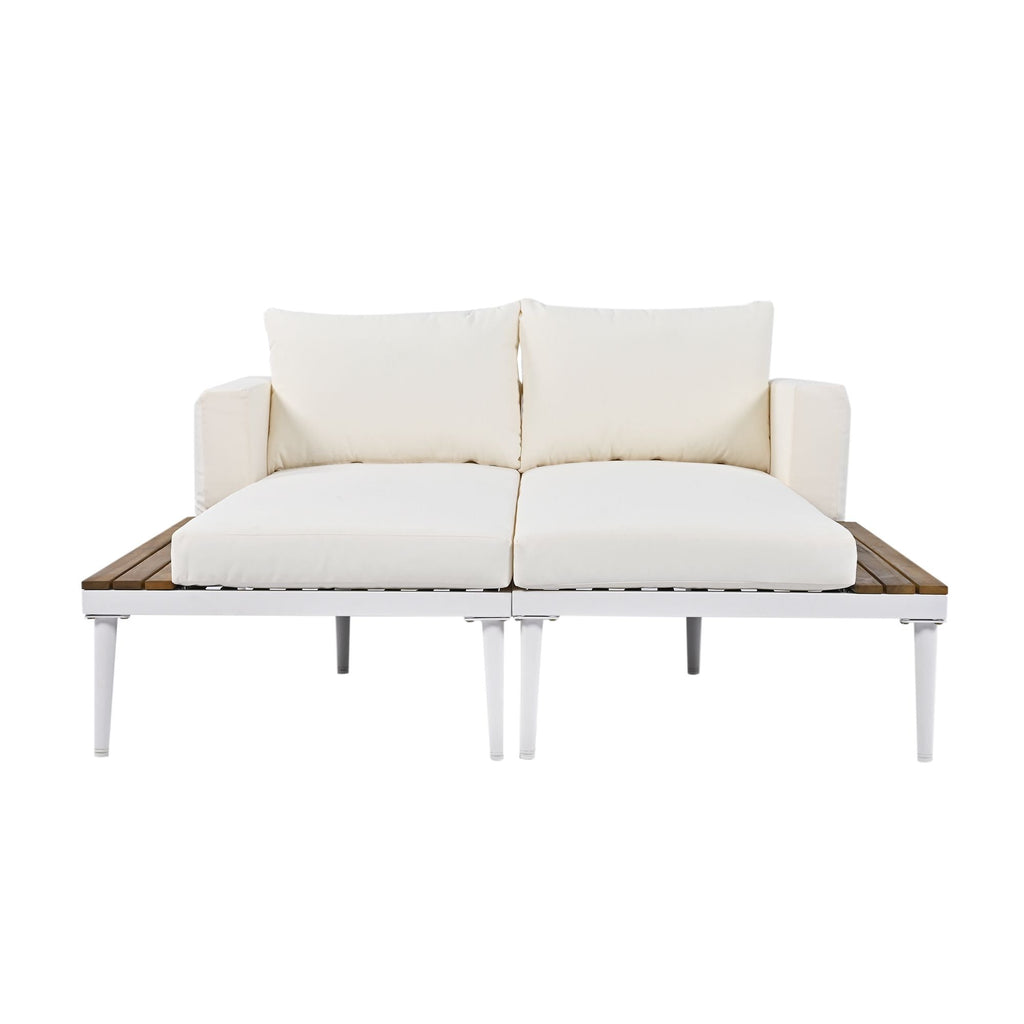 TOPMAX Modern Outdoor Daybed Patio Metal Daybed with Wood Topped Side Spaces for Drinks, 2 in 1 Padded Chaise Lounges for Poolside, Balcony, Deck, Beige - Comfortable Living Decor