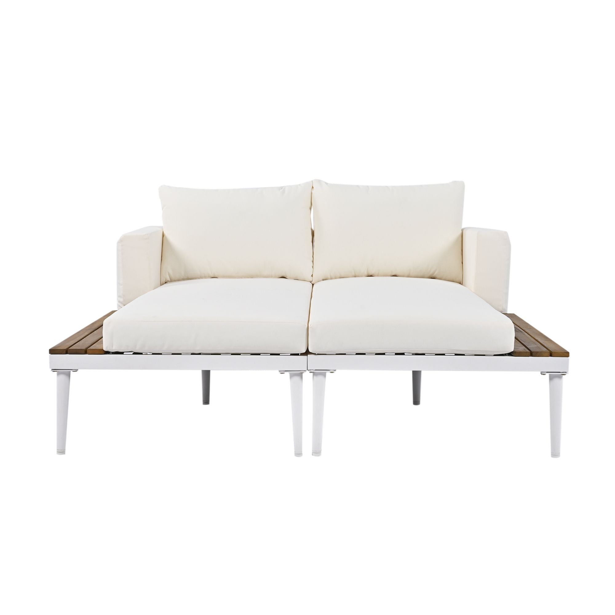 TOPMAX Modern Outdoor Daybed Patio Metal Daybed with Wood Topped Side Spaces for Drinks, 2 in 1 Padded Chaise Lounges for Poolside, Balcony, Deck, Beige - Comfortable Living Decor