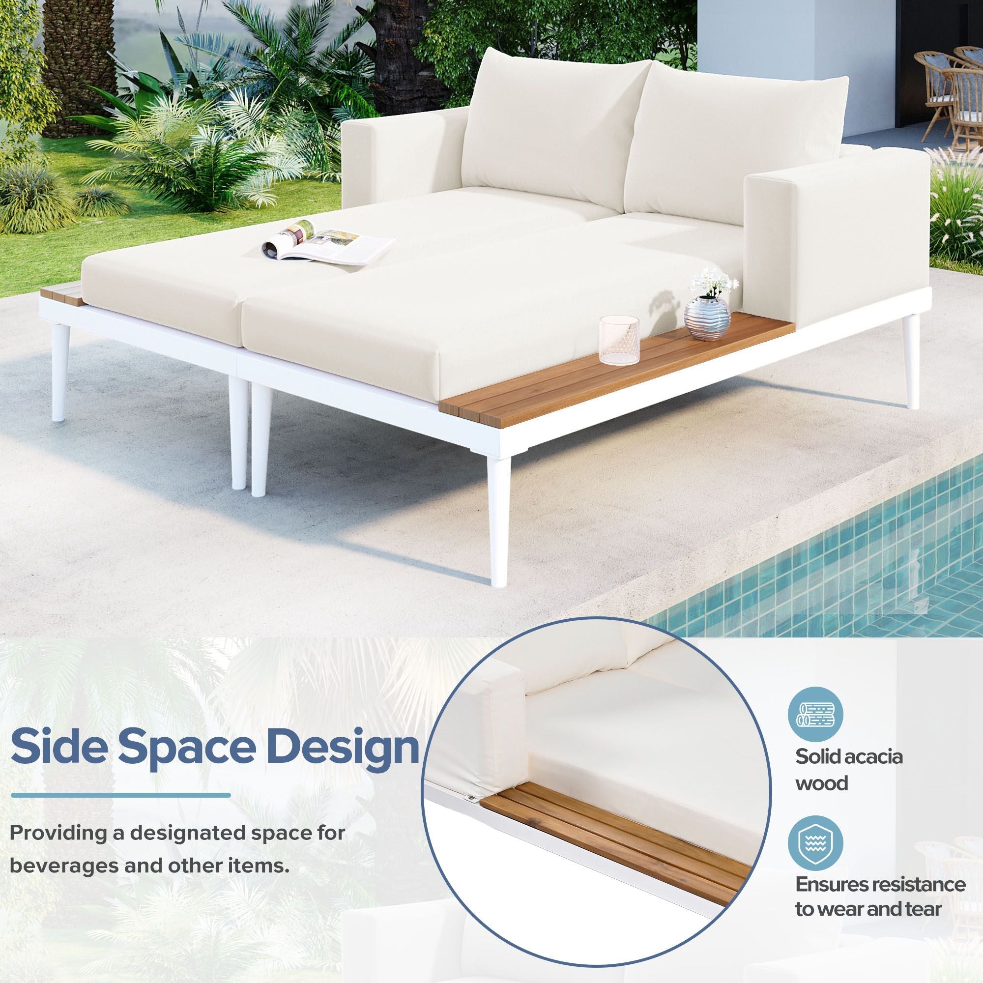 TOPMAX Modern Outdoor Daybed Patio Metal Daybed with Wood Topped Side Spaces for Drinks, 2 in 1 Padded Chaise Lounges for Poolside, Balcony, Deck, Beige - Comfortable Living Decor