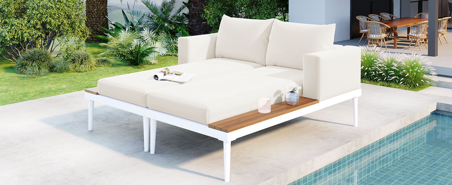 TOPMAX Modern Outdoor Daybed Patio Metal Daybed with Wood Topped Side Spaces for Drinks, 2 in 1 Padded Chaise Lounges for Poolside, Balcony, Deck, Beige - Comfortable Living Decor