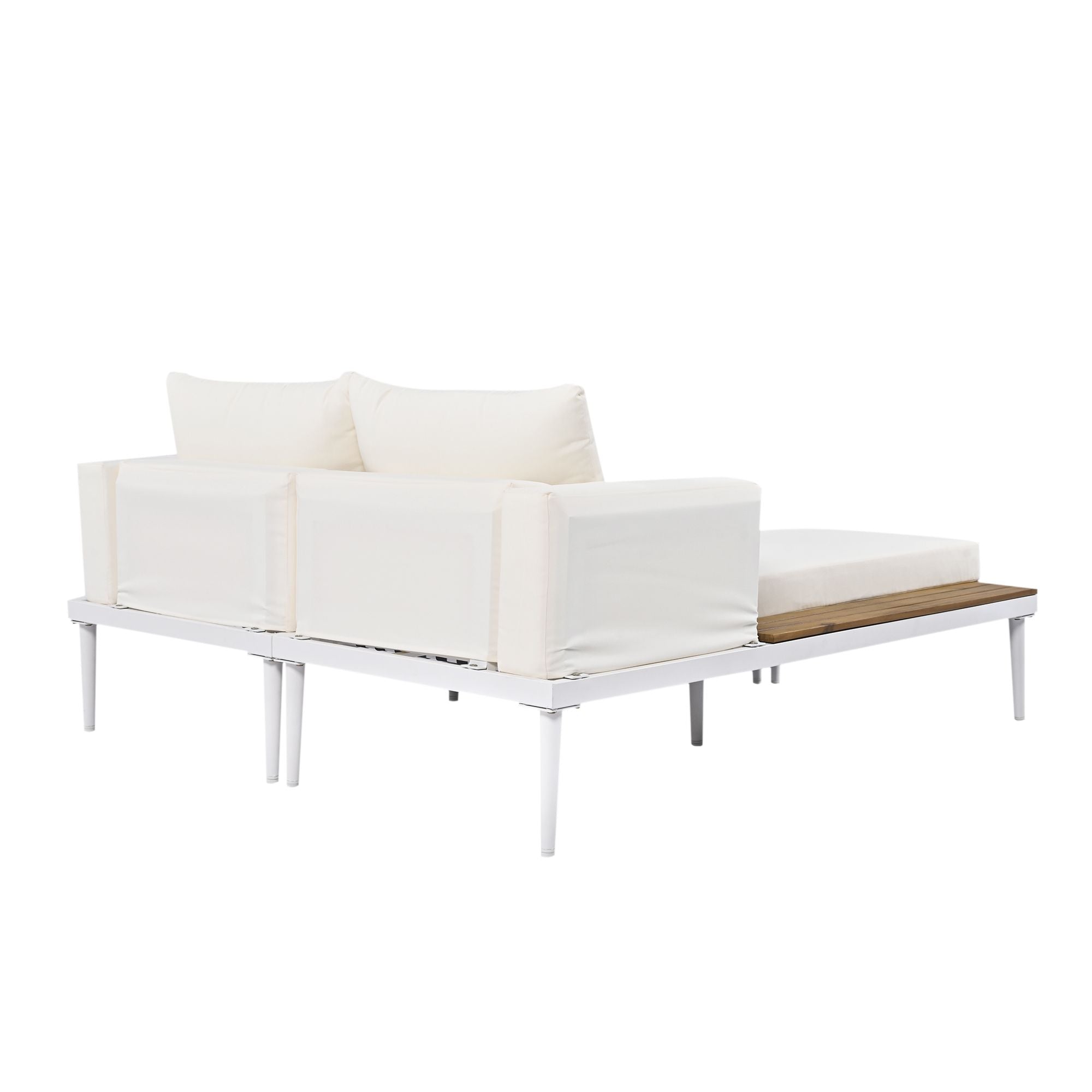 TOPMAX Modern Outdoor Daybed Patio Metal Daybed with Wood Topped Side Spaces for Drinks, 2 in 1 Padded Chaise Lounges for Poolside, Balcony, Deck, Beige - Comfortable Living Decor
