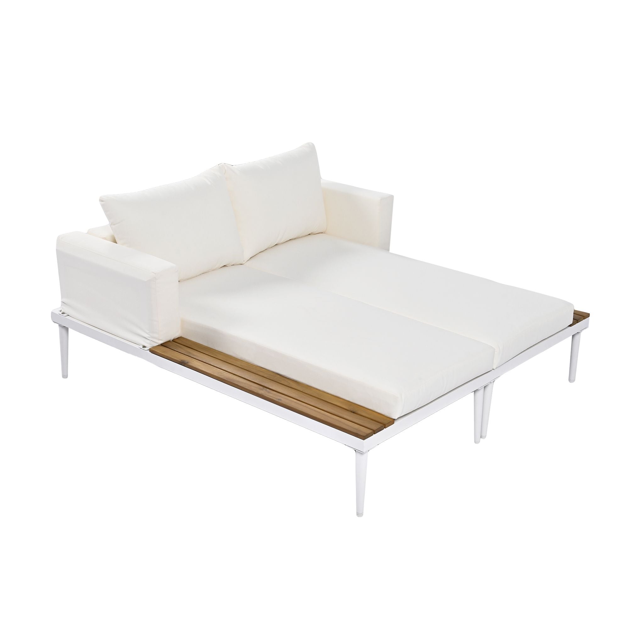 TOPMAX Modern Outdoor Daybed Patio Metal Daybed with Wood Topped Side Spaces for Drinks, 2 in 1 Padded Chaise Lounges for Poolside, Balcony, Deck, Beige - Comfortable Living Decor