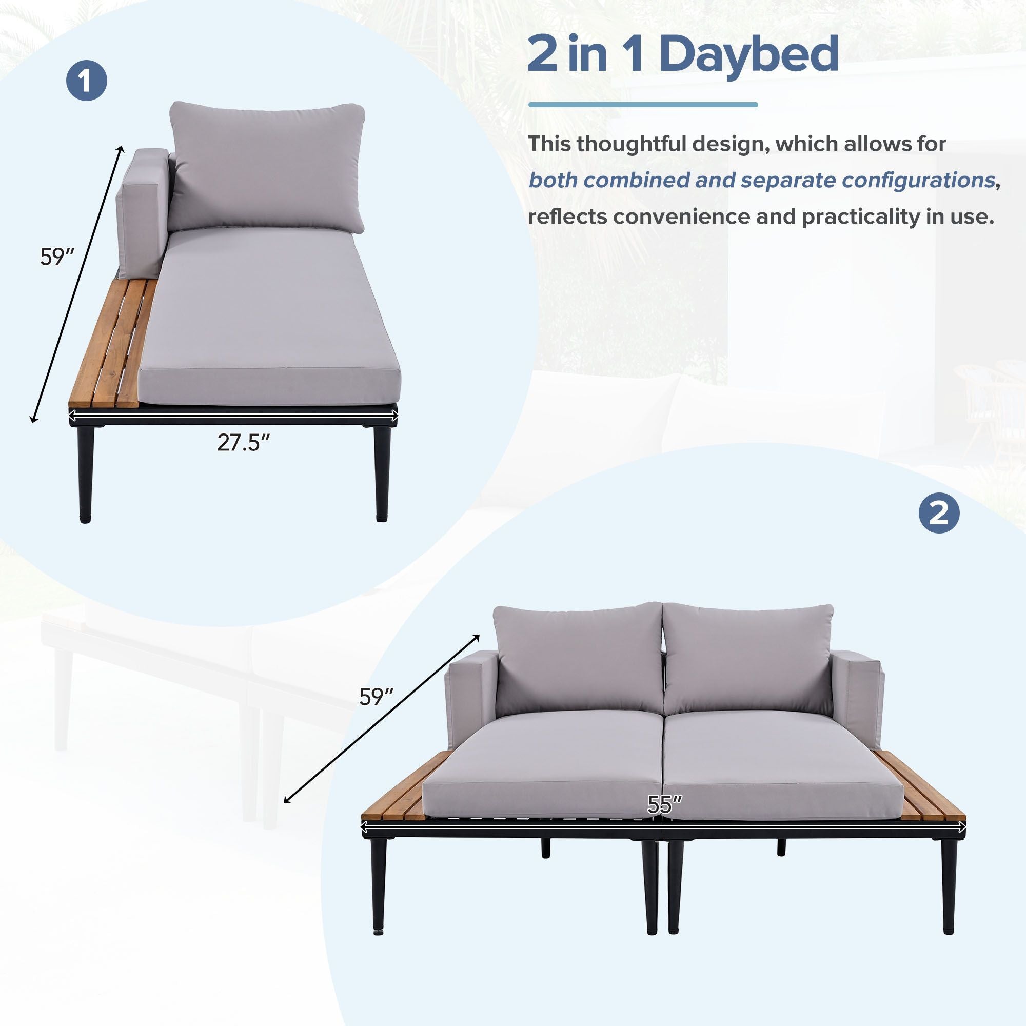 TOPMAX Modern Outdoor Daybed Patio Metal Daybed with Wood Topped Side Spaces for Drinks, 2 in 1 Padded Chaise Lounges for Poolside, Balcony, Deck, Gray - Comfortable Living Decor