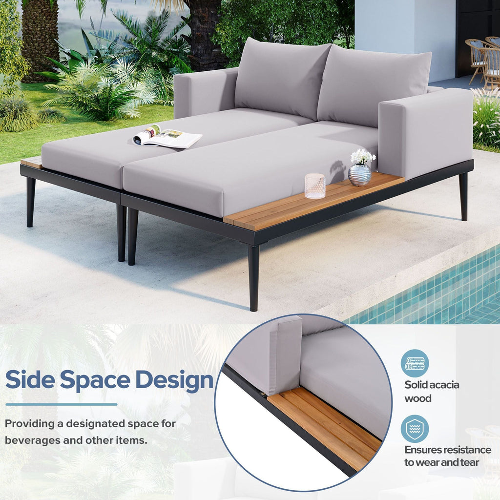 TOPMAX Modern Outdoor Daybed Patio Metal Daybed with Wood Topped Side Spaces for Drinks, 2 in 1 Padded Chaise Lounges for Poolside, Balcony, Deck, Gray - Comfortable Living Decor
