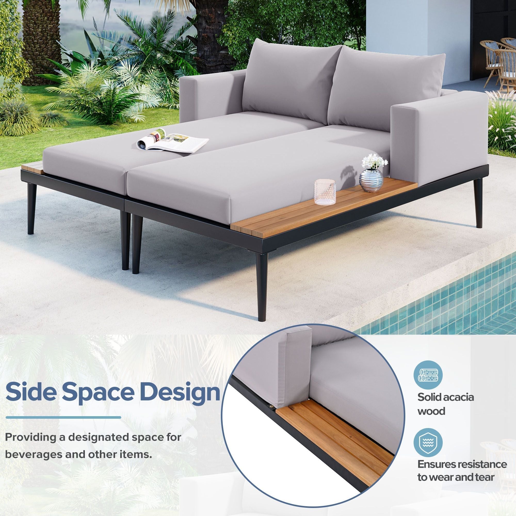 TOPMAX Modern Outdoor Daybed Patio Metal Daybed with Wood Topped Side Spaces for Drinks, 2 in 1 Padded Chaise Lounges for Poolside, Balcony, Deck, Gray - Comfortable Living Decor