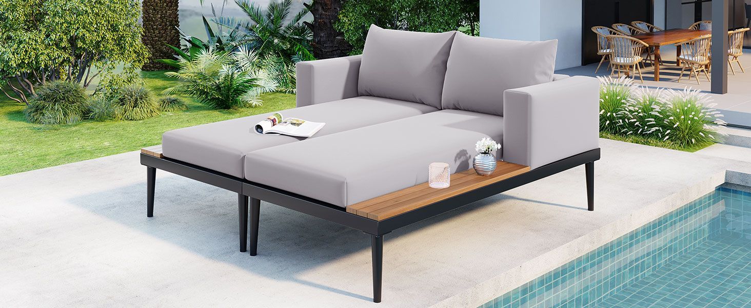 TOPMAX Modern Outdoor Daybed Patio Metal Daybed with Wood Topped Side Spaces for Drinks, 2 in 1 Padded Chaise Lounges for Poolside, Balcony, Deck, Gray - Comfortable Living Decor