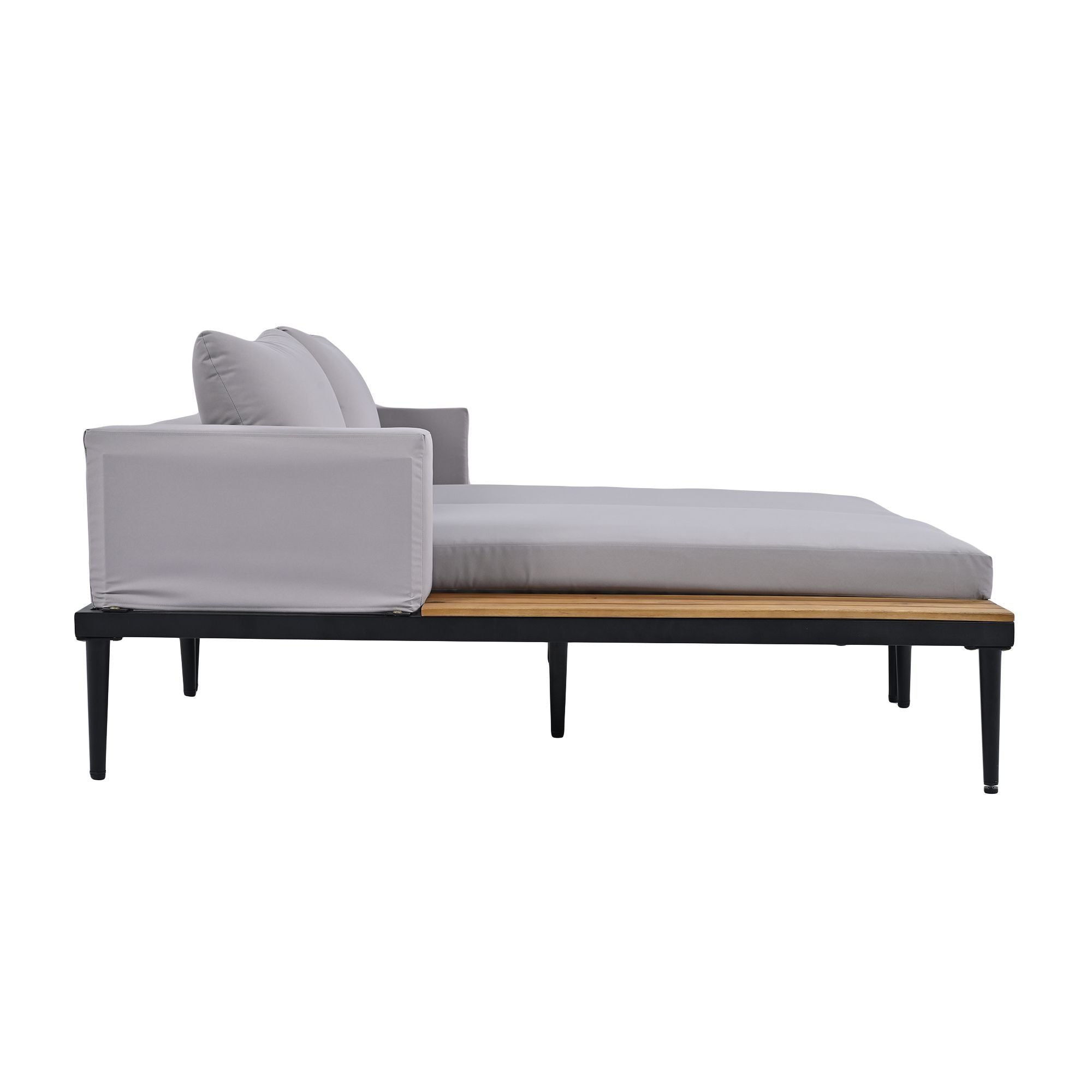 TOPMAX Modern Outdoor Daybed Patio Metal Daybed with Wood Topped Side Spaces for Drinks, 2 in 1 Padded Chaise Lounges for Poolside, Balcony, Deck, Gray - Comfortable Living Decor