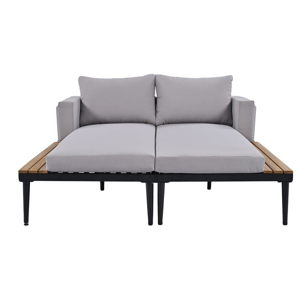 TOPMAX Modern Outdoor Daybed Patio Metal Daybed with Wood Topped Side Spaces for Drinks, 2 in 1 Padded Chaise Lounges for Poolside, Balcony, Deck, Gray - Comfortable Living Decor