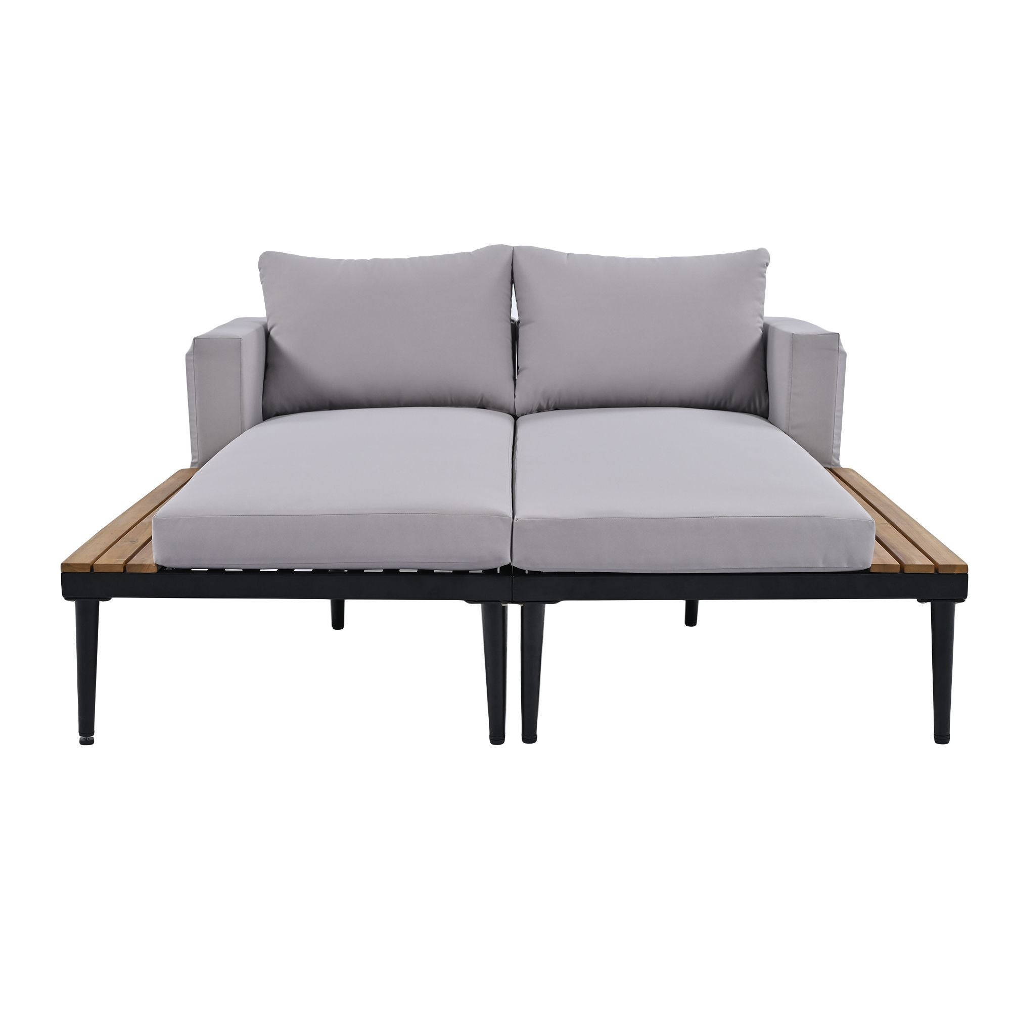 TOPMAX Modern Outdoor Daybed Patio Metal Daybed with Wood Topped Side Spaces for Drinks, 2 in 1 Padded Chaise Lounges for Poolside, Balcony, Deck, Gray - Comfortable Living Decor