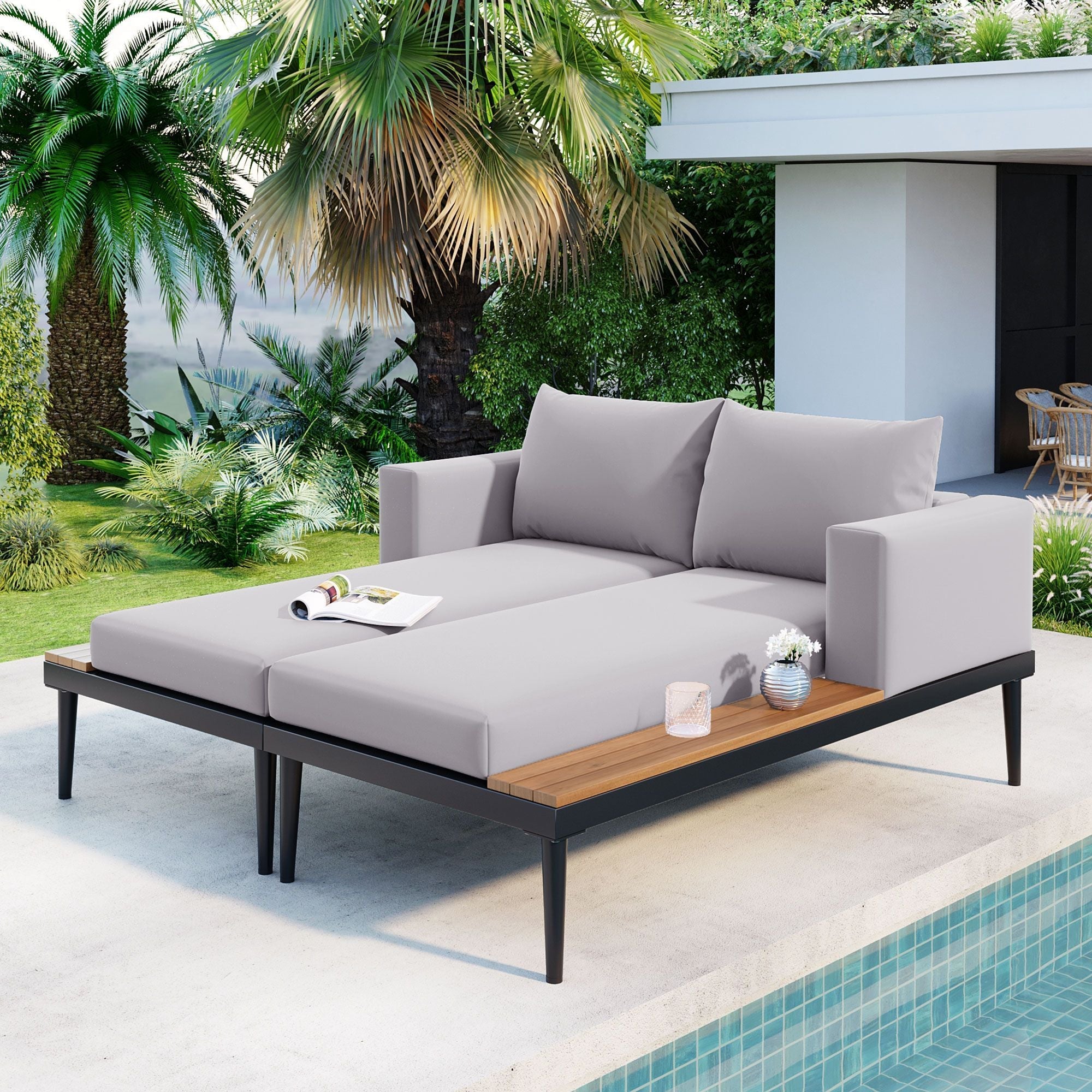 TOPMAX Modern Outdoor Daybed Patio Metal Daybed with Wood Topped Side Spaces for Drinks, 2 in 1 Padded Chaise Lounges for Poolside, Balcony, Deck, Gray - Comfortable Living Decor