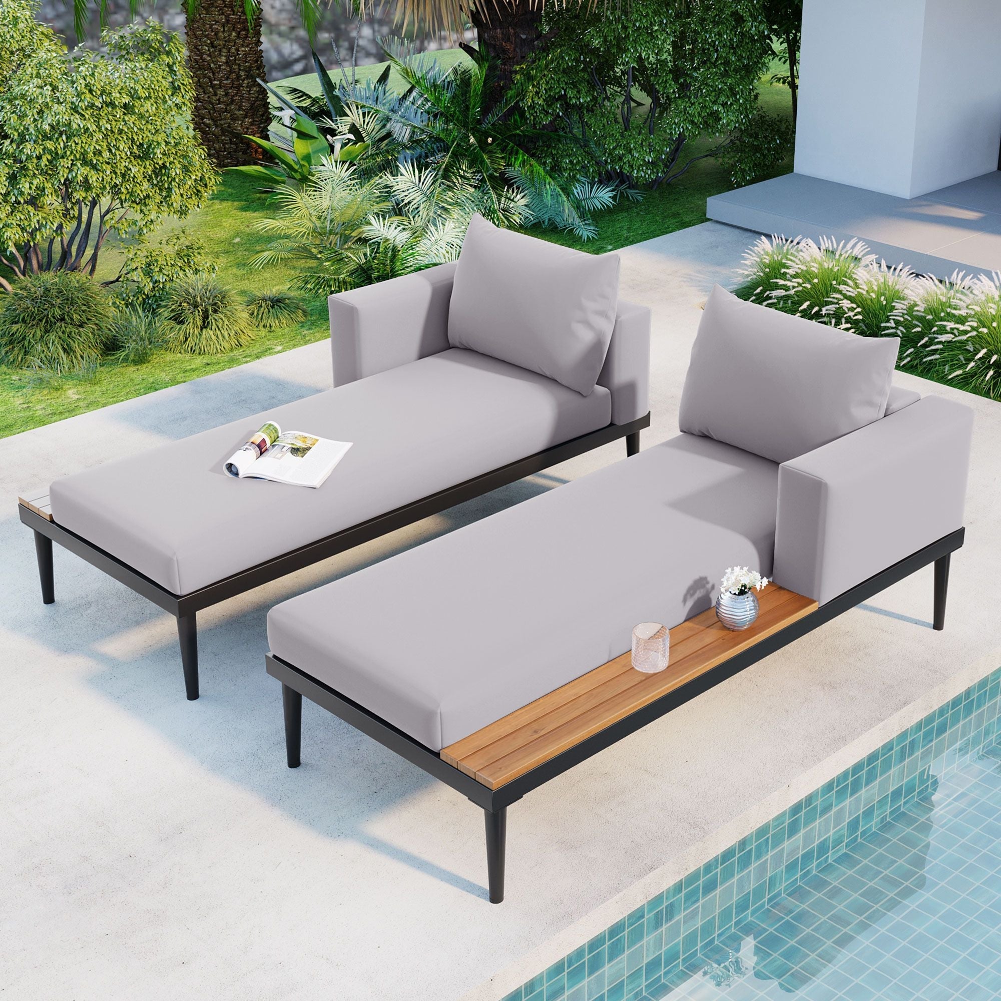 TOPMAX Modern Outdoor Daybed Patio Metal Daybed with Wood Topped Side Spaces for Drinks, 2 in 1 Padded Chaise Lounges for Poolside, Balcony, Deck, Gray - Comfortable Living Decor