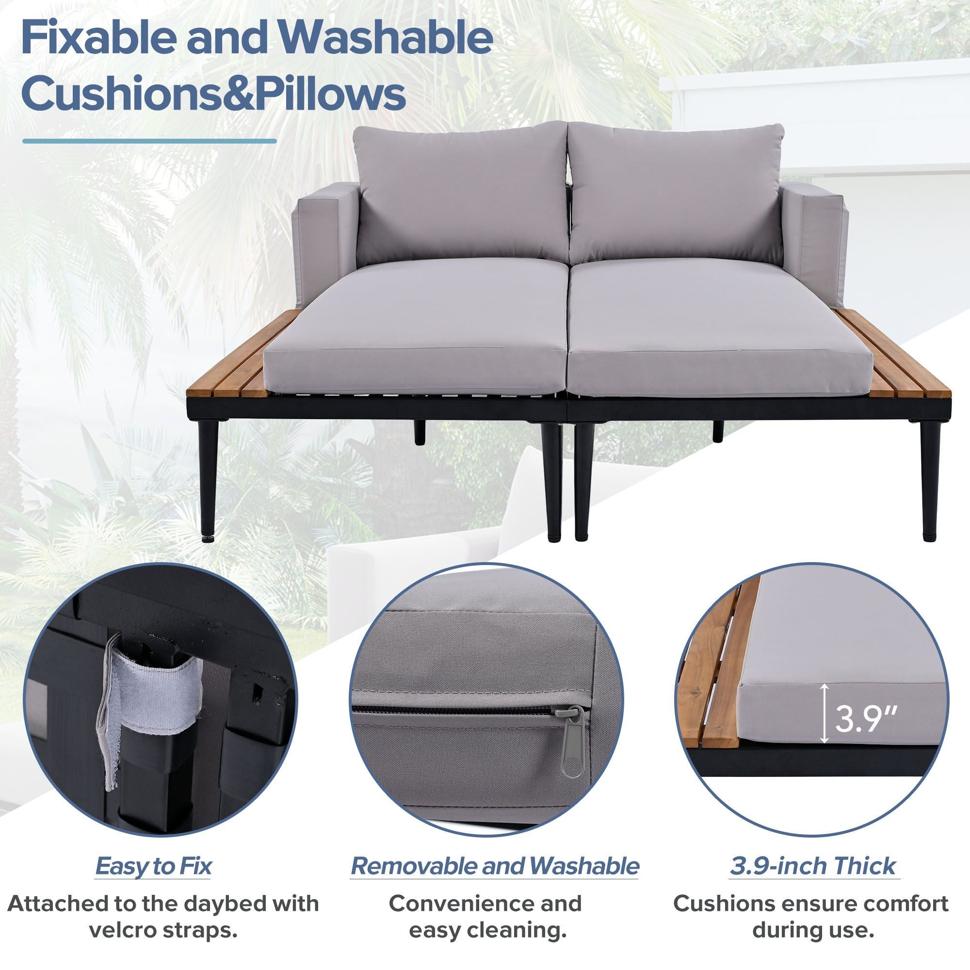 TOPMAX Modern Outdoor Daybed Patio Metal Daybed with Wood Topped Side Spaces for Drinks, 2 in 1 Padded Chaise Lounges for Poolside, Balcony, Deck, Gray - Comfortable Living Decor