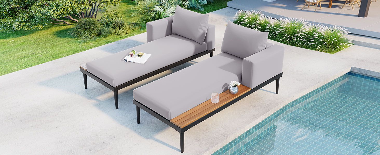 TOPMAX Modern Outdoor Daybed Patio Metal Daybed with Wood Topped Side Spaces for Drinks, 2 in 1 Padded Chaise Lounges for Poolside, Balcony, Deck, Gray - Comfortable Living Decor