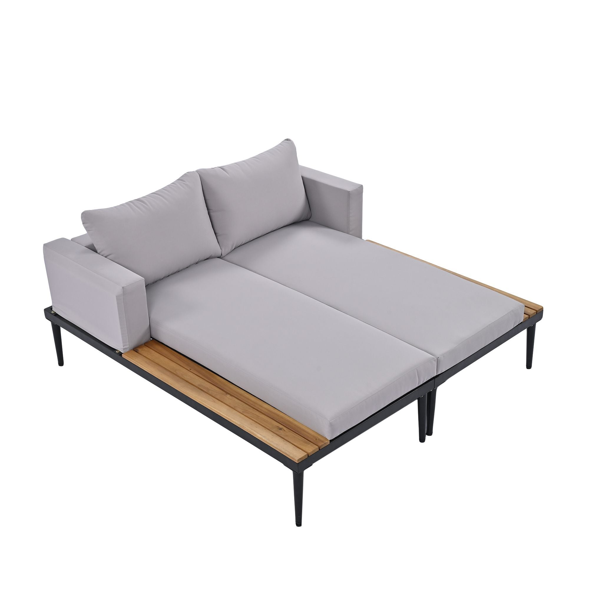 TOPMAX Modern Outdoor Daybed Patio Metal Daybed with Wood Topped Side Spaces for Drinks, 2 in 1 Padded Chaise Lounges for Poolside, Balcony, Deck, Gray - Comfortable Living Decor