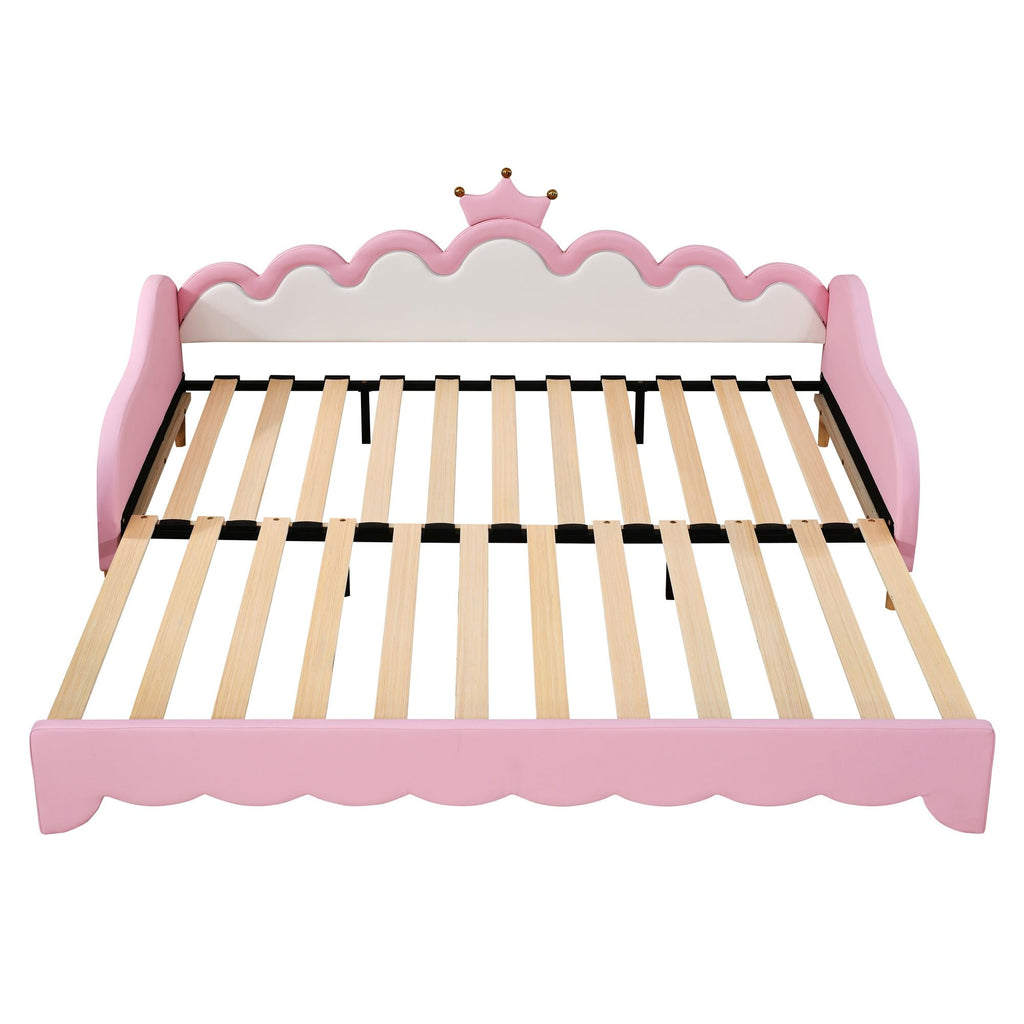 Twin Extending Daybed with LED Lights, Modern Upholstered Princess Daybed With Crown Headboard,Pink - Comfortable Living Decor