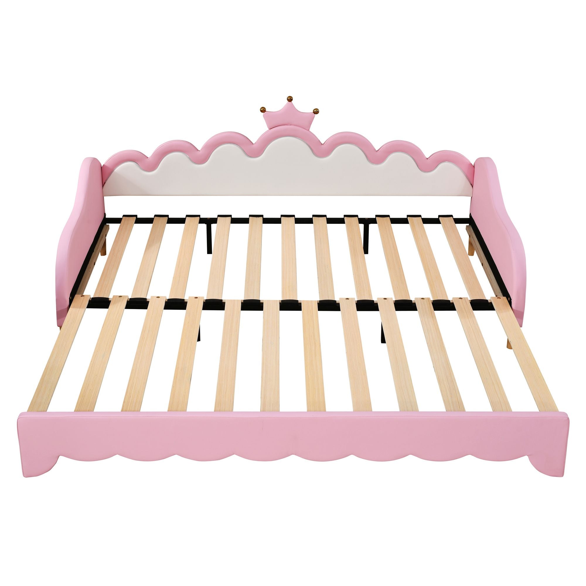 Twin Extending Daybed with LED Lights, Modern Upholstered Princess Daybed With Crown Headboard,Pink - Comfortable Living Decor