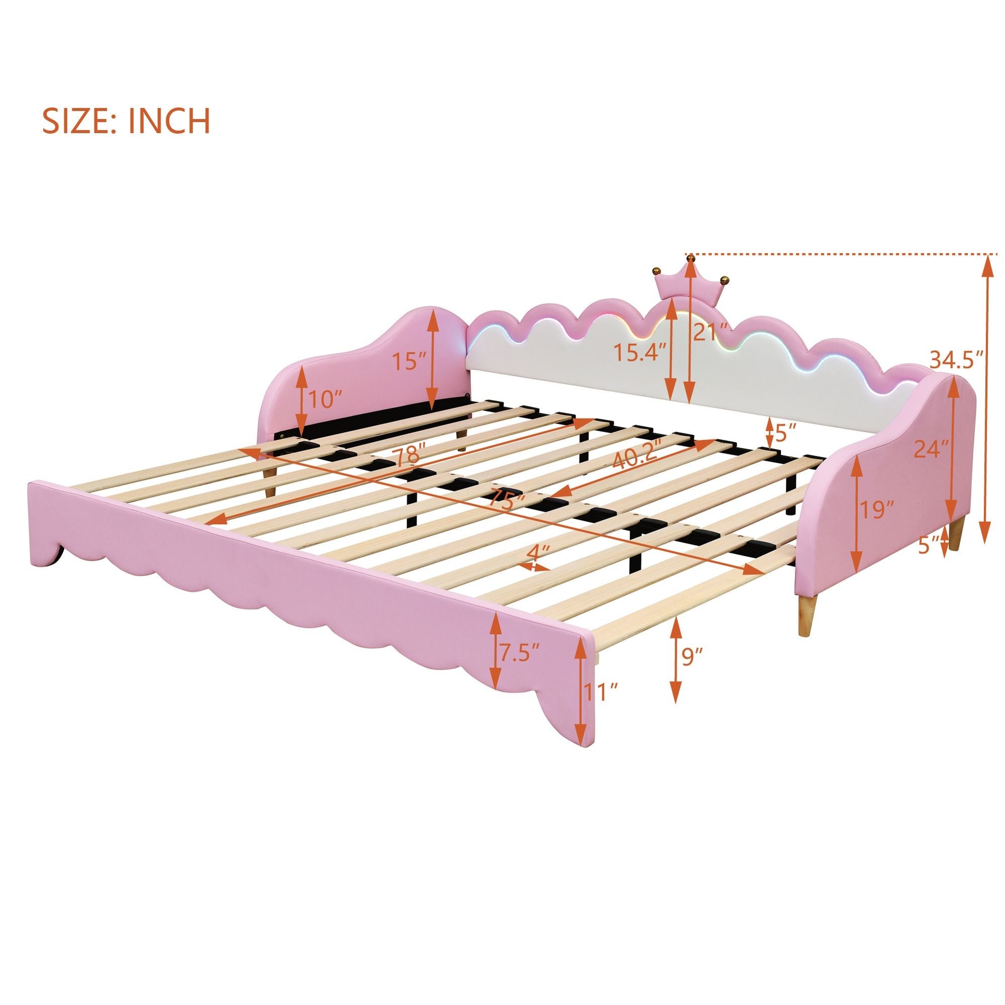 Twin Extending Daybed with LED Lights, Modern Upholstered Princess Daybed With Crown Headboard,Pink - Comfortable Living Decor