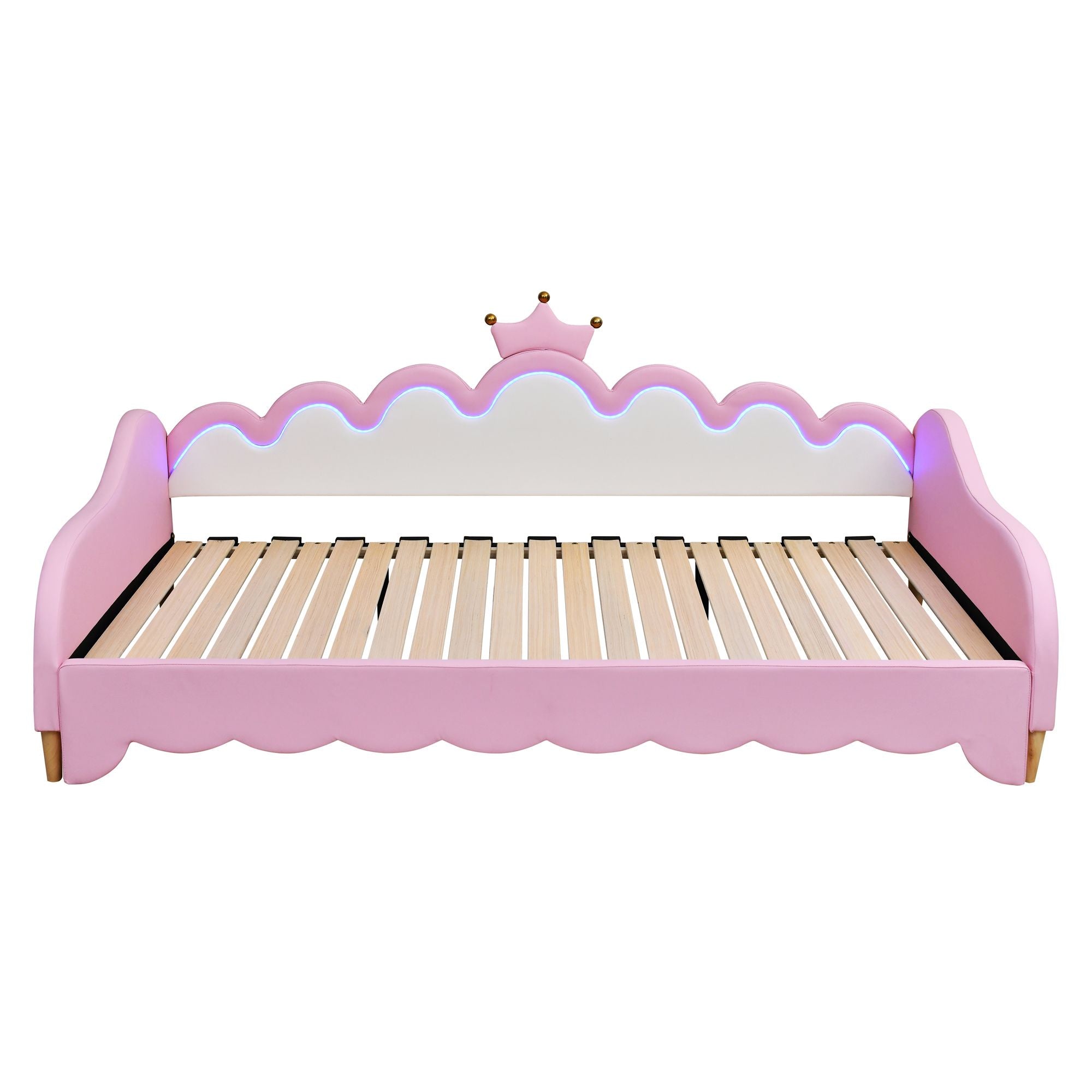 Twin Extending Daybed with LED Lights, Modern Upholstered Princess Daybed With Crown Headboard,Pink - Comfortable Living Decor