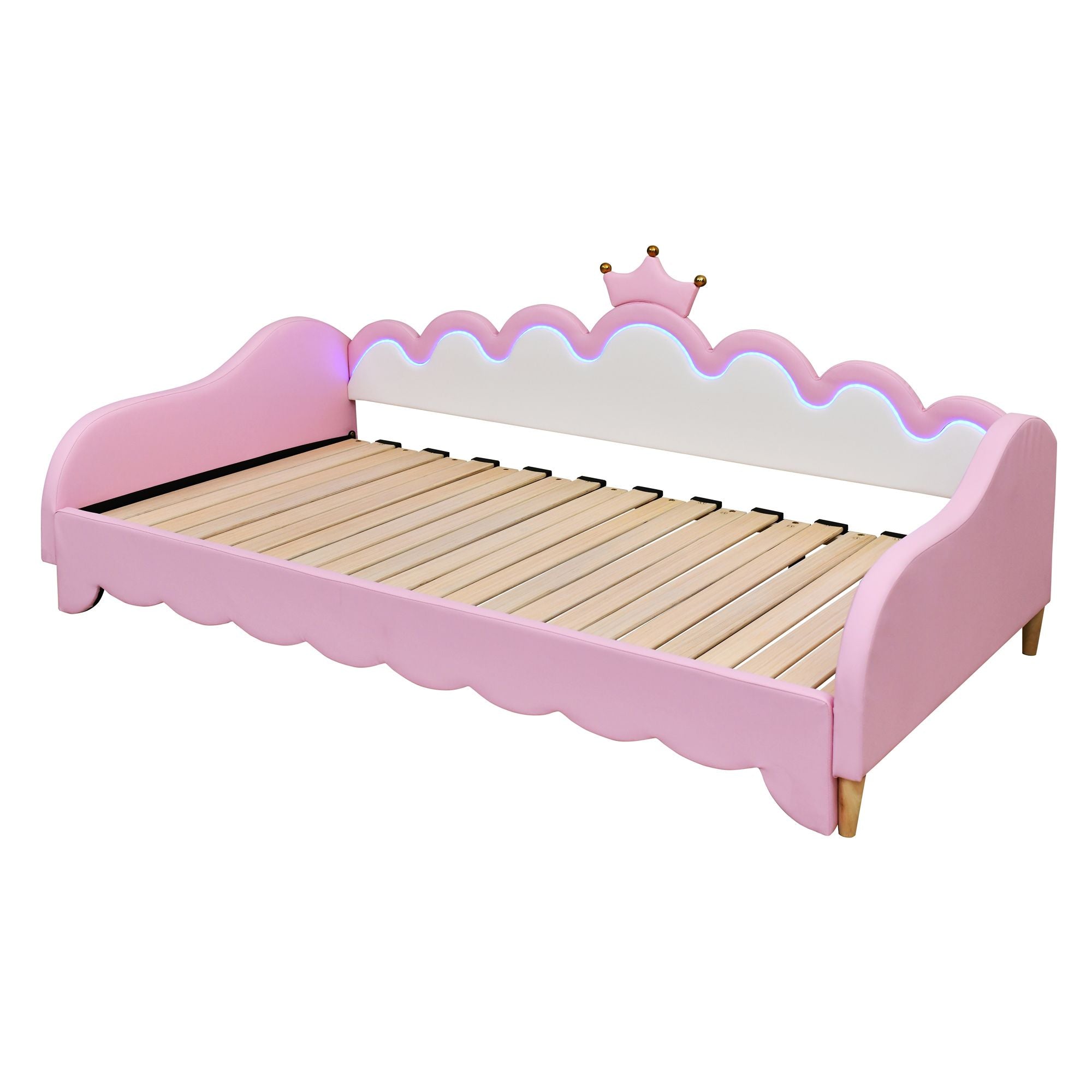 Twin Extending Daybed with LED Lights, Modern Upholstered Princess Daybed With Crown Headboard,Pink - Comfortable Living Decor